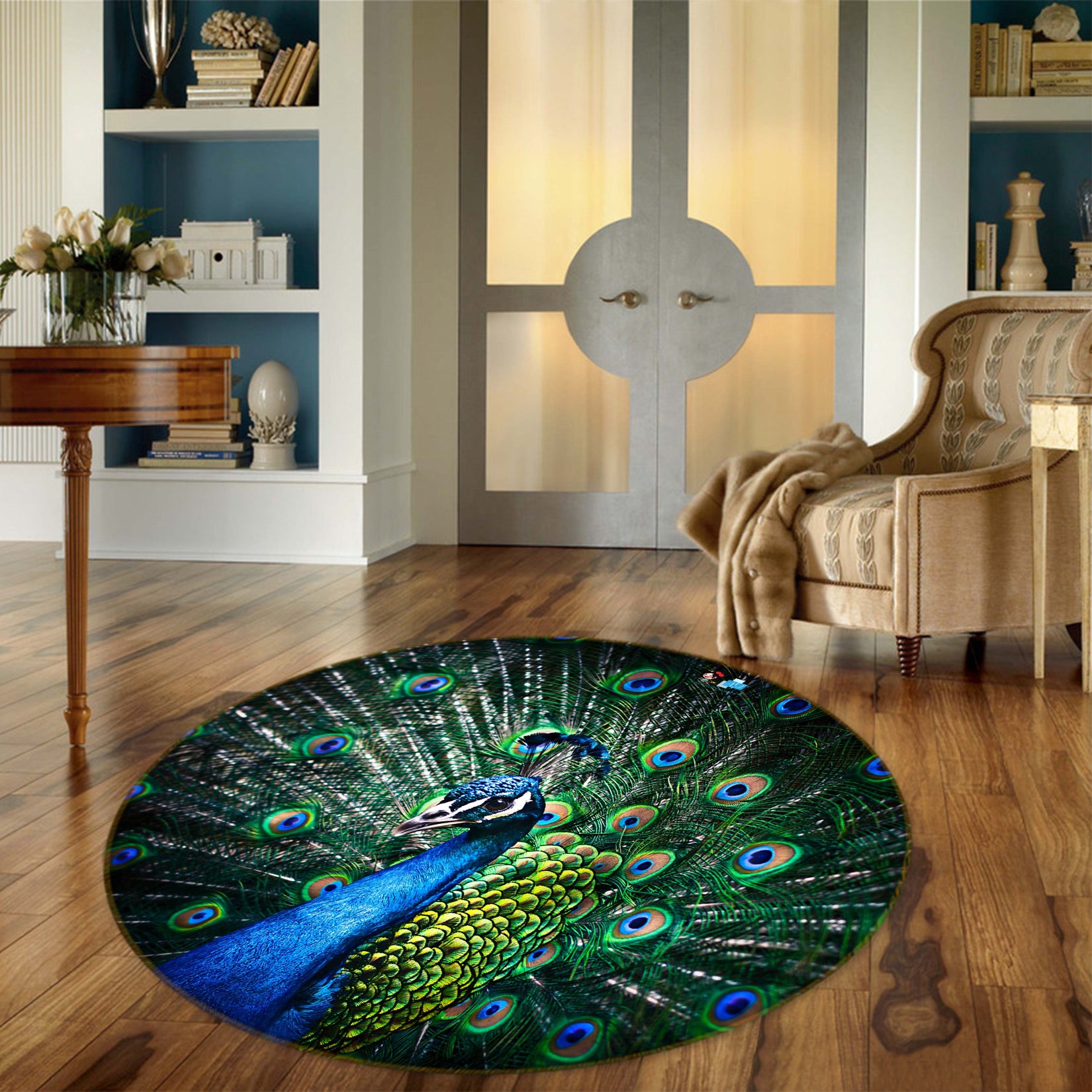 3D Peacock 81154 Round Non Slip Rug Mat