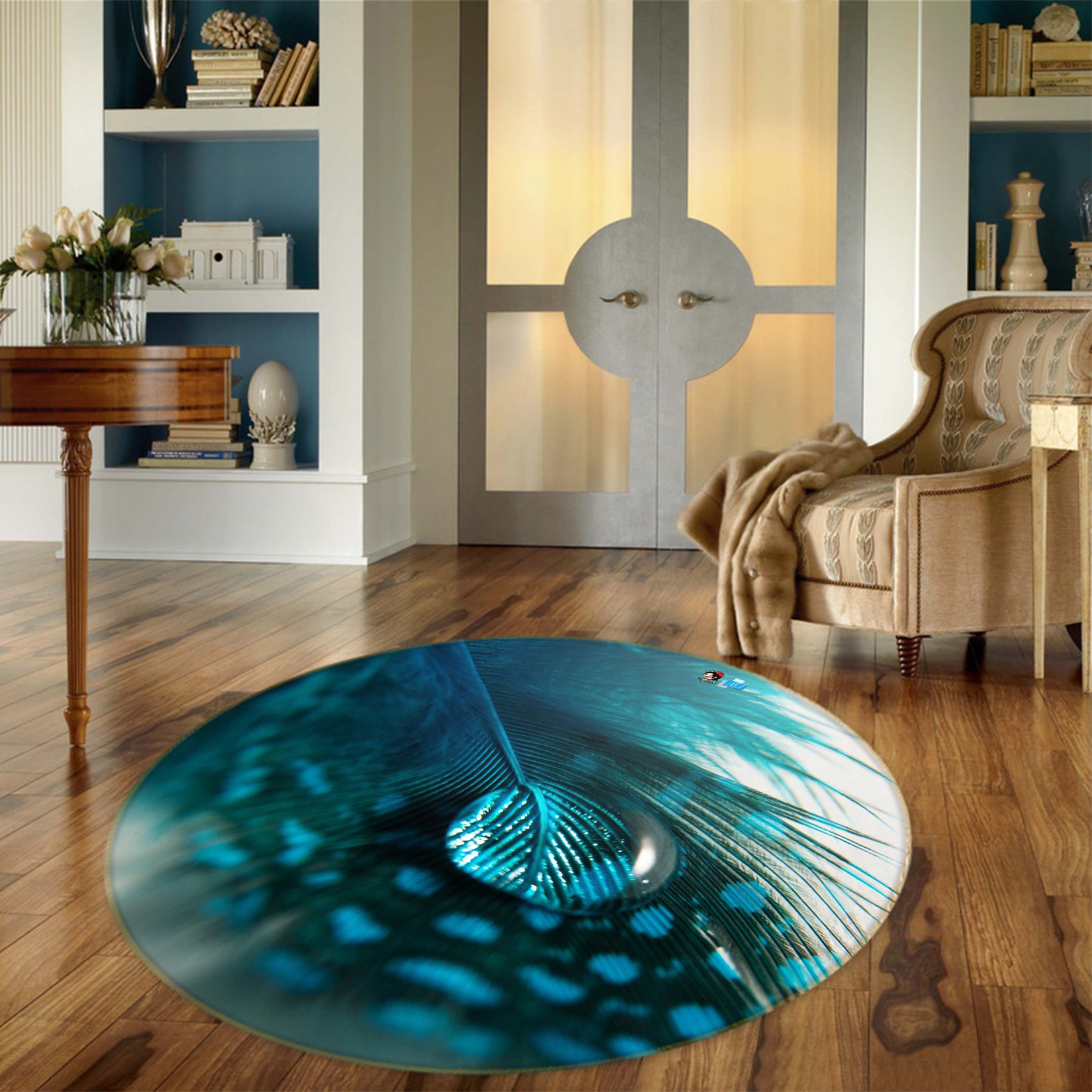 3D Peacock Feather 81158 Round Non Slip Rug Mat