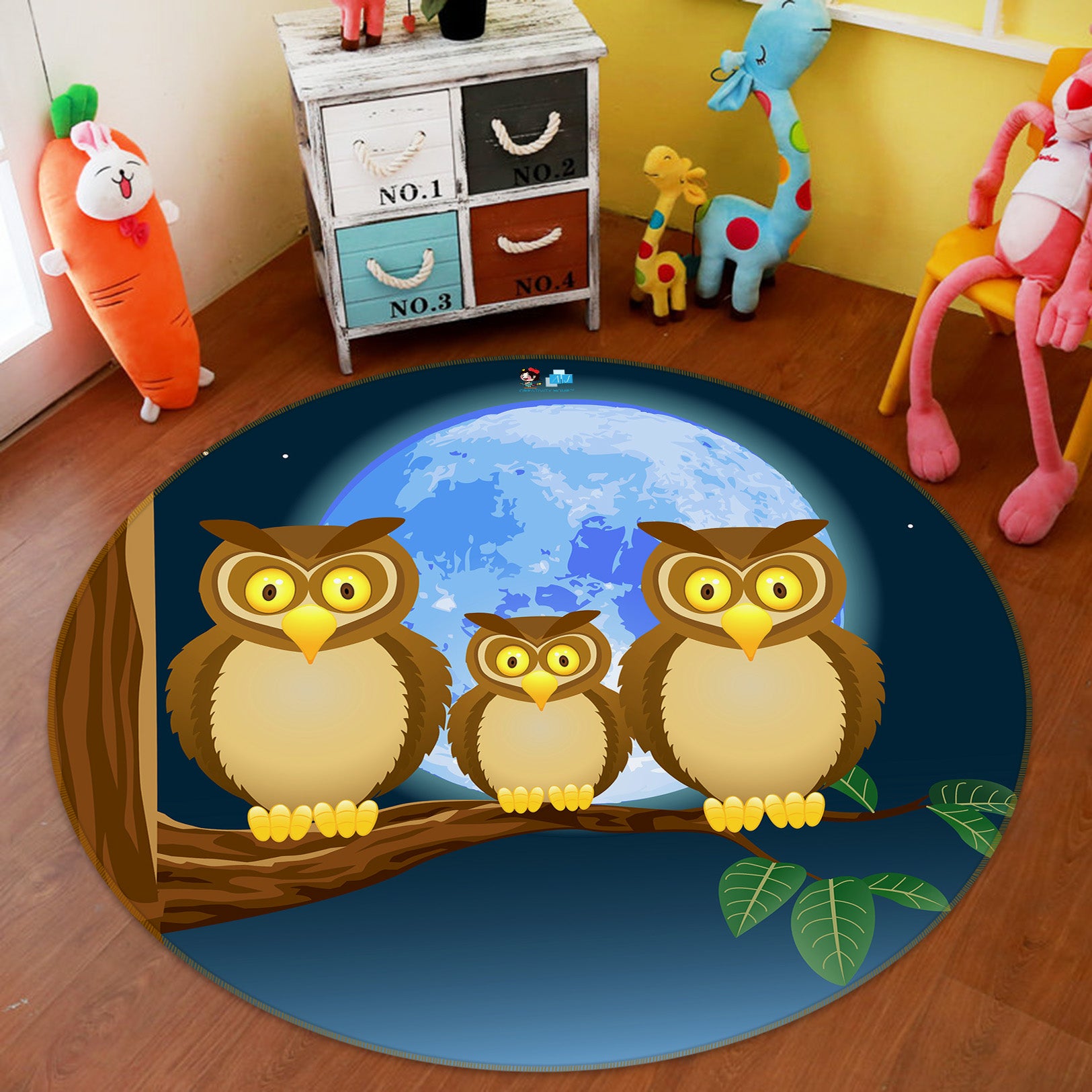 3D Owl Moon 74039 Round Non Slip Rug Mat