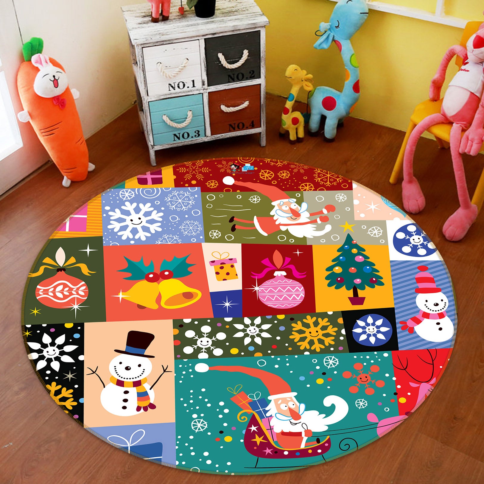 3D Colored Square Santa Snowflake 54007 Christmas Round Non Slip Rug Mat Xmas