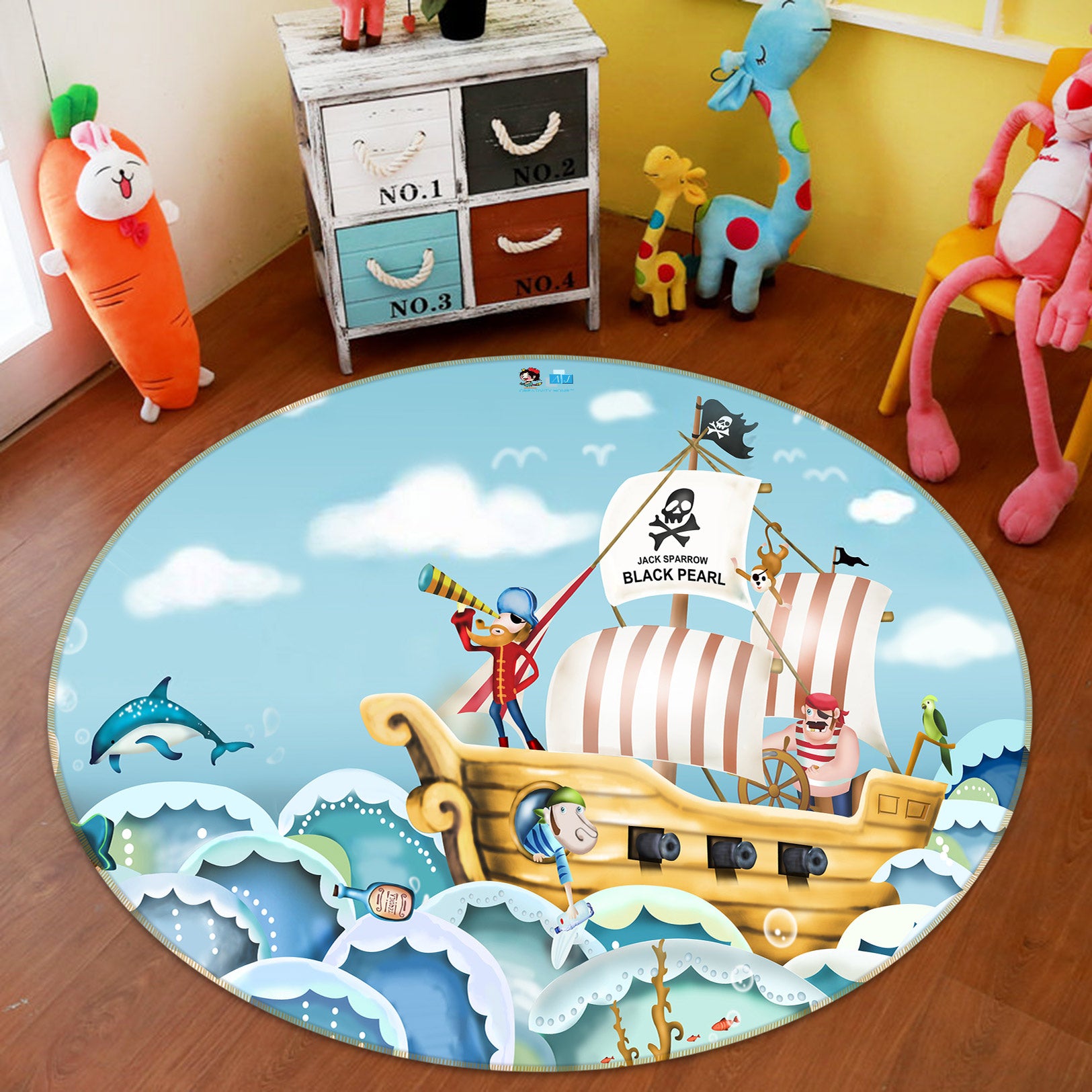 3D Cartoon Pirate Ship 80273 Round Non Slip Rug Mat