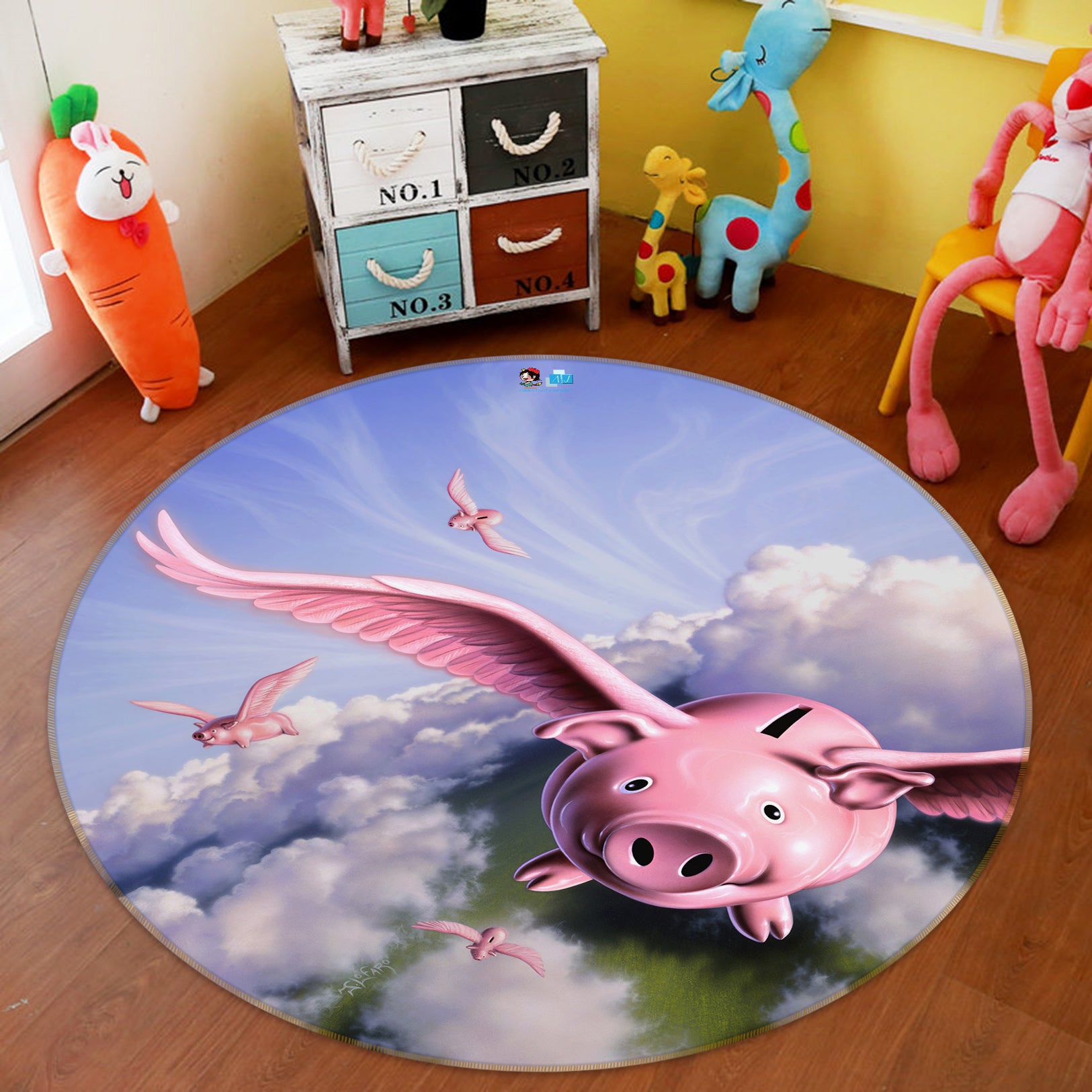 3D Clouds Flying Pig 83140 Jerry LoFaro Rug Round Non Slip Rug Mat