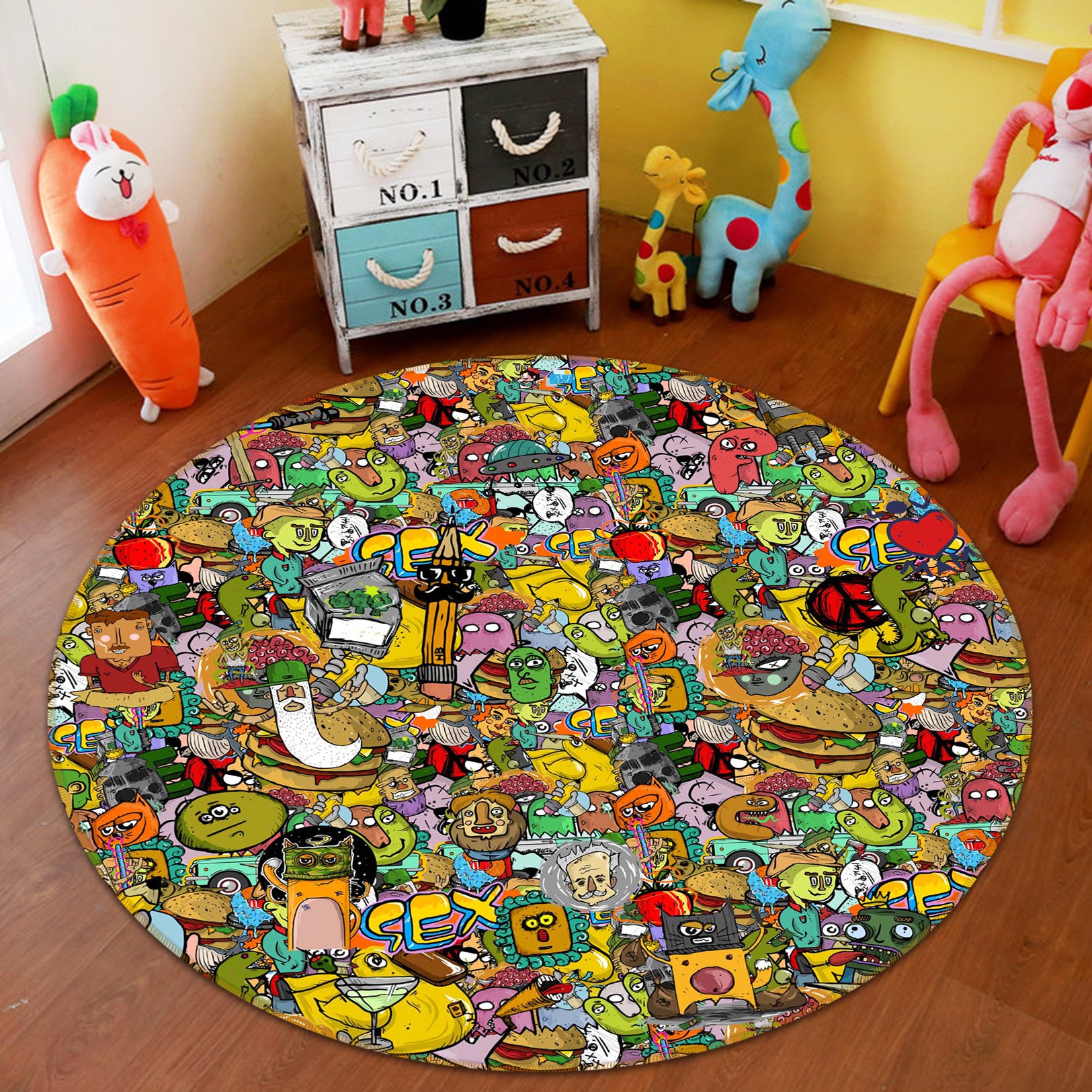 3D Cartoon Doodle 72123 Round Non Slip Rug Mat