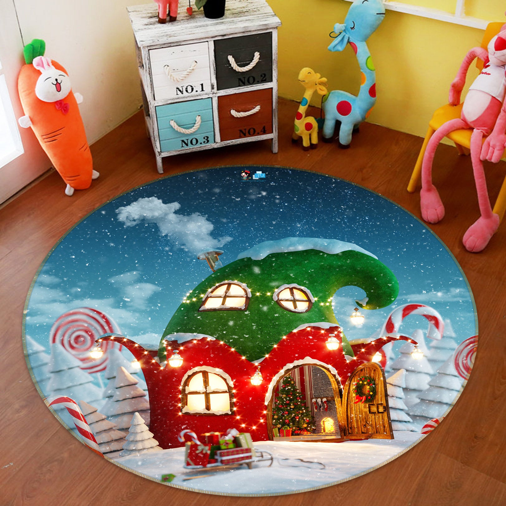 3D Red Green Cottage 54050 Christmas Round Non Slip Rug Mat Xmas