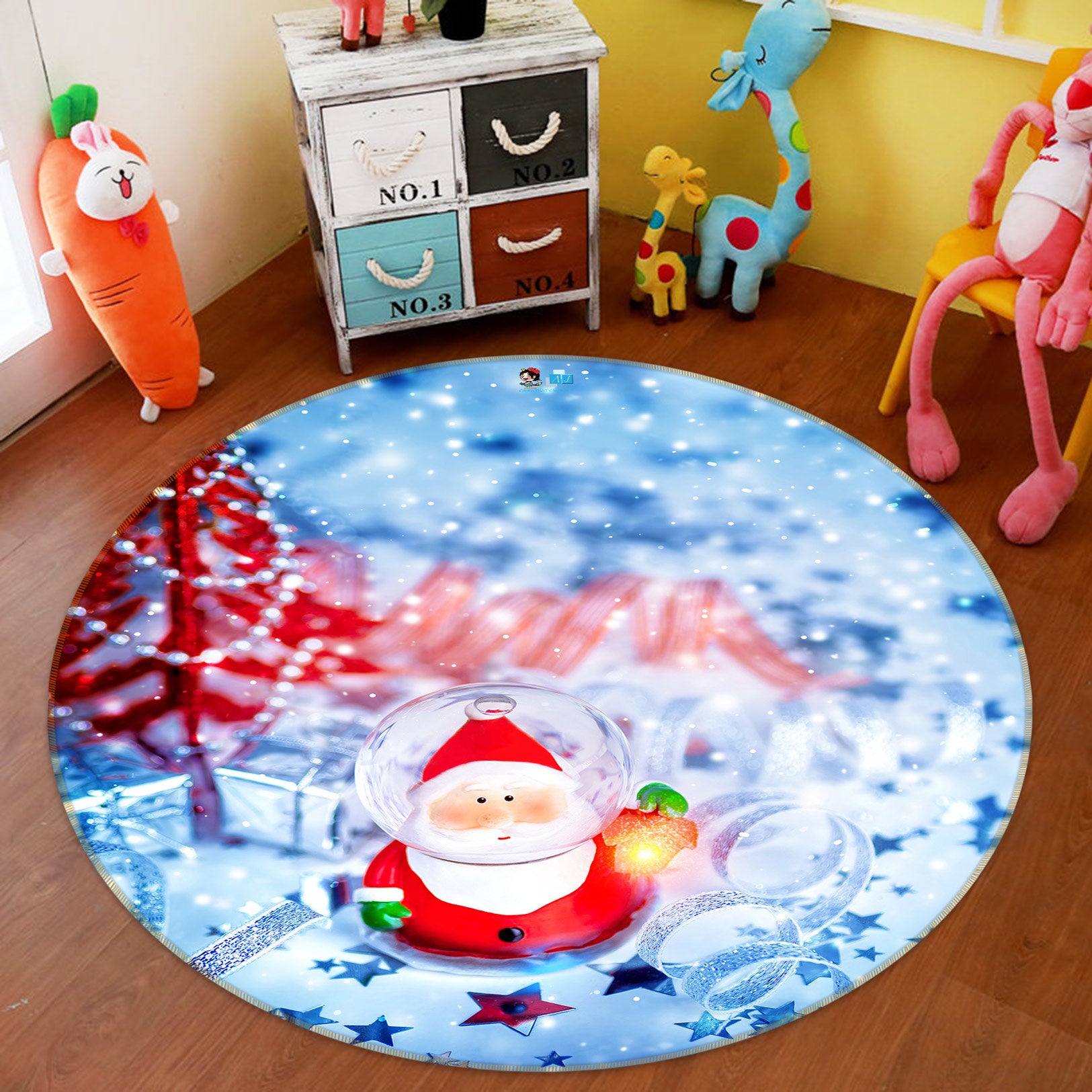 3D Glass Ball Santa 54018 Christmas Round Non Slip Rug Mat Xmas
