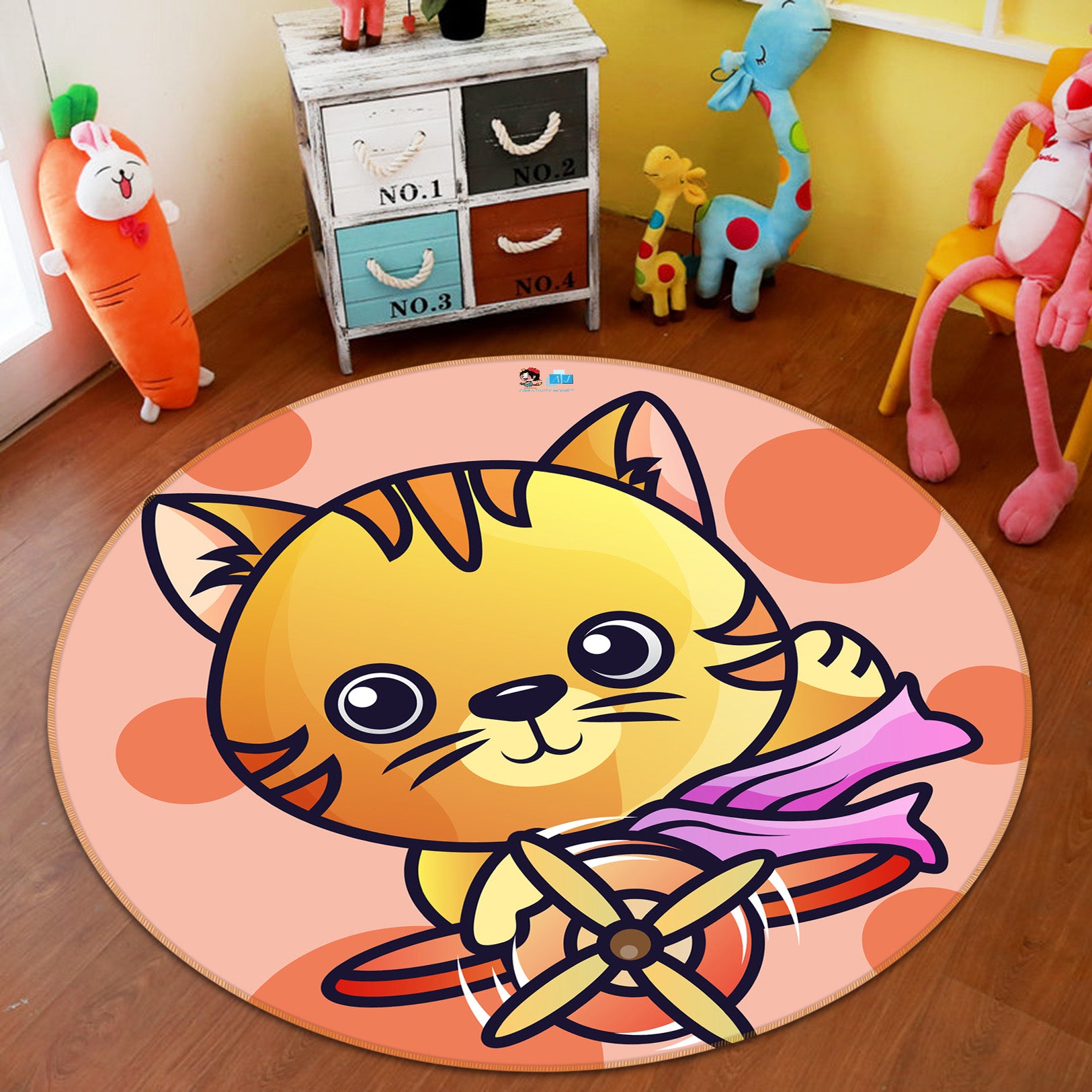 3D Cartoon Yellow Cat 74269 Round Non Slip Rug Mat