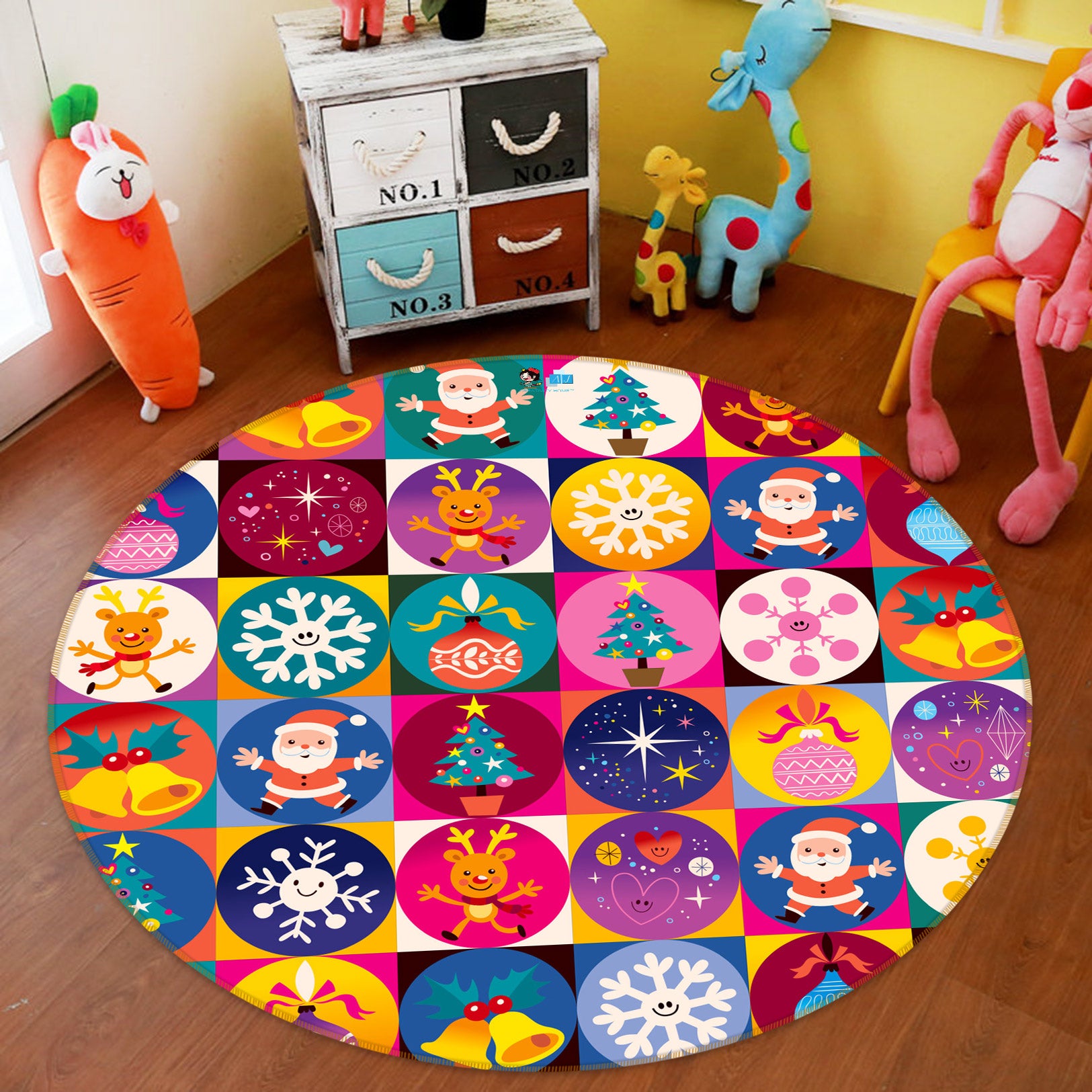 3D Colorful Circle Snowflake Tree Pattern 54026 Christmas Round Non Slip Rug Mat Xmas