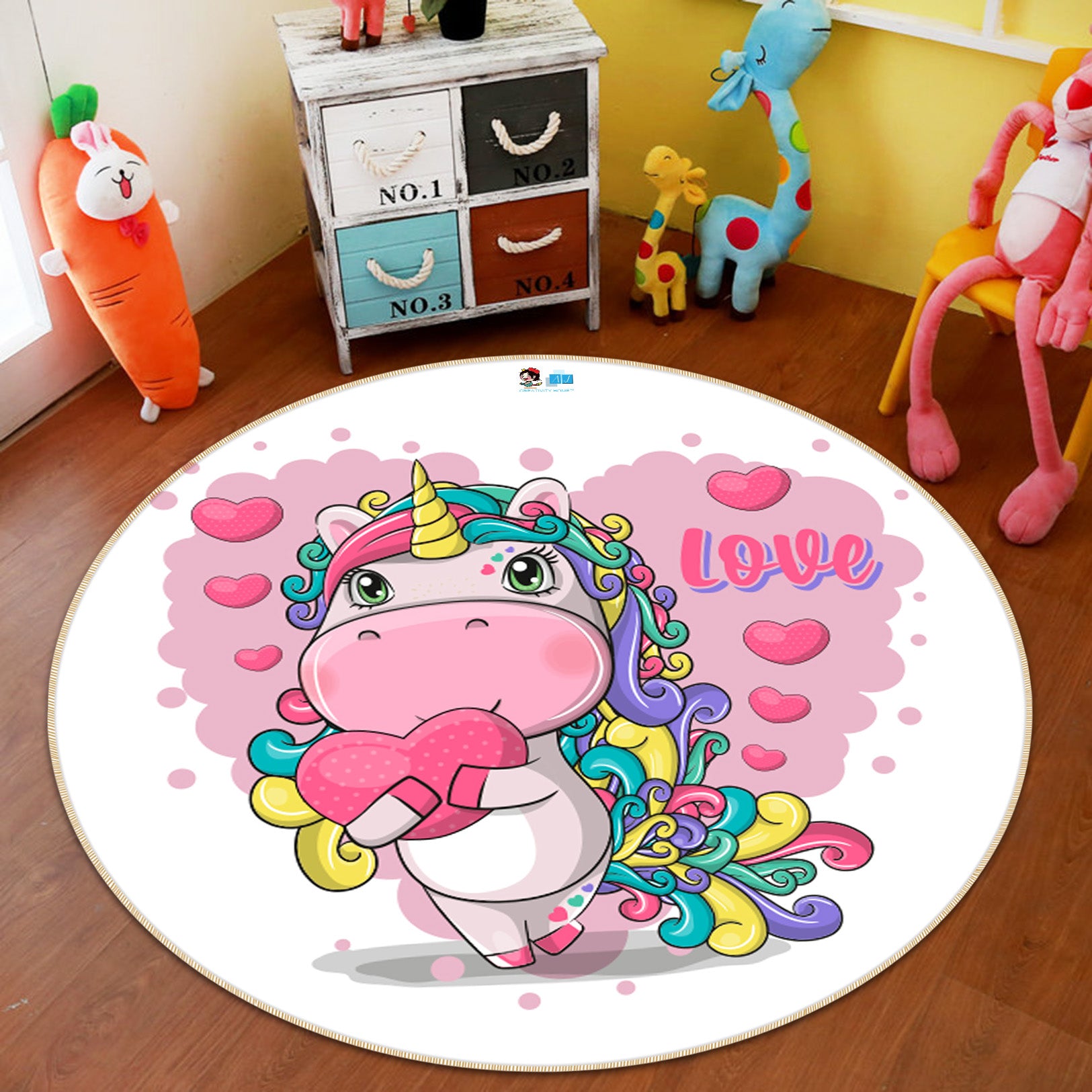 3D Pink Heart Unicorn 74289 Round Non Slip Rug Mat
