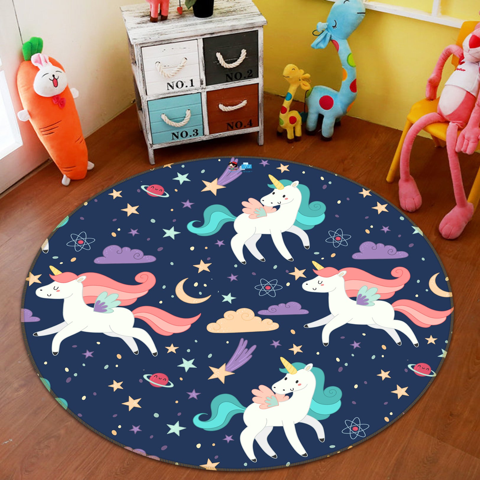 3D Black Background Unicorn Pattern 81126 Round Non Slip Rug Mat