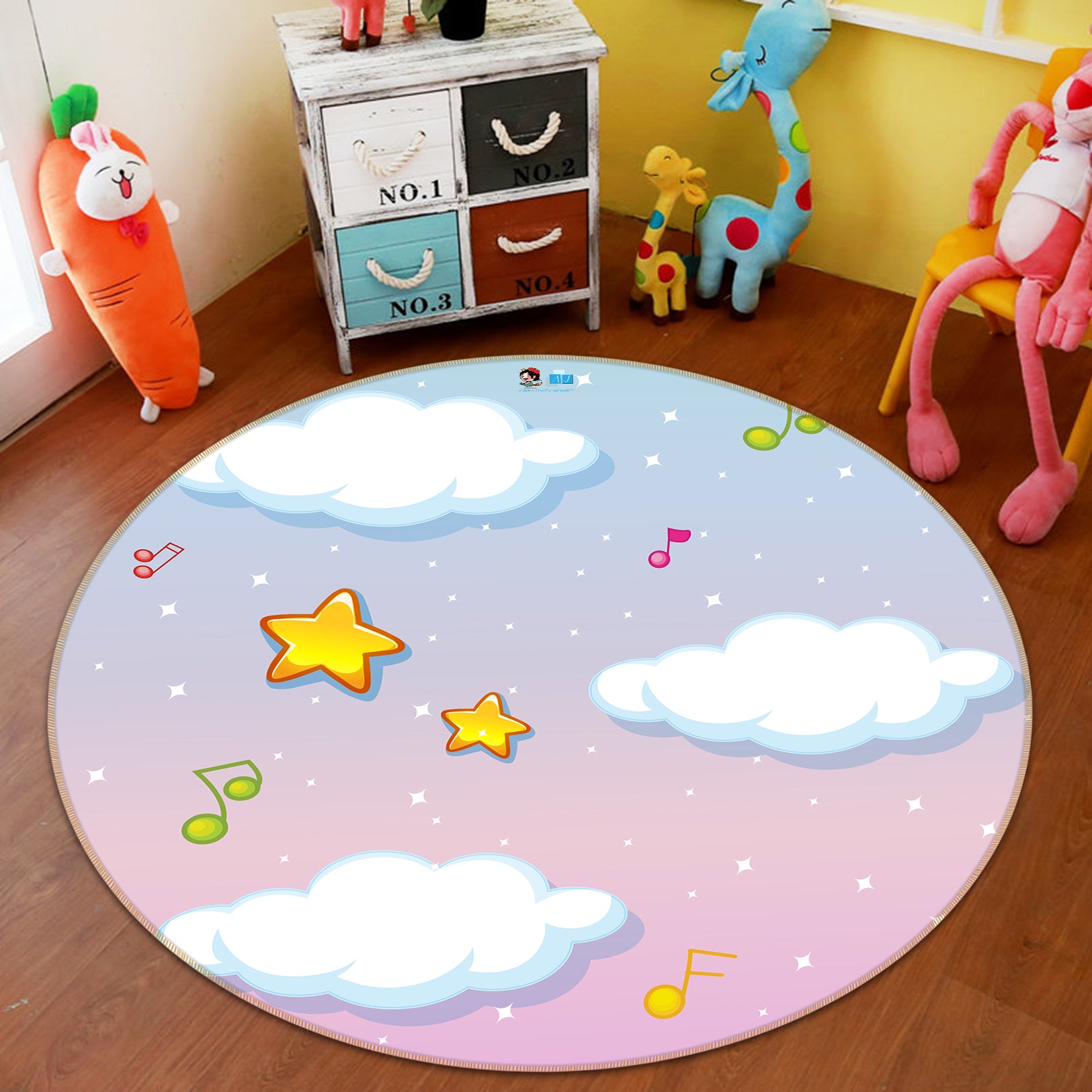 3D Clouds Yellow Stars 81146 Round Non Slip Rug Mat