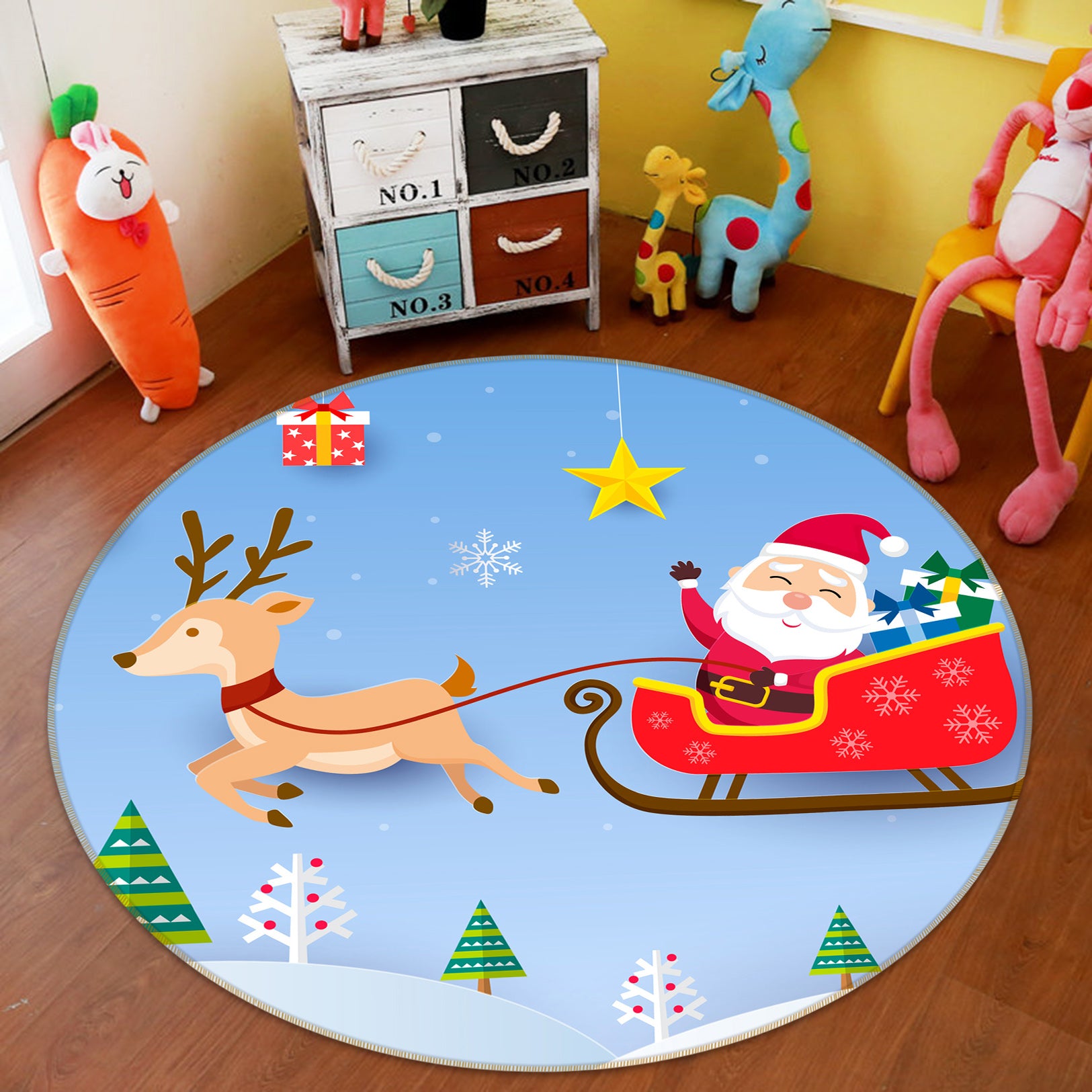 3D Cartoon Sleigh Santa 81025 Round Non Slip Rug Mat