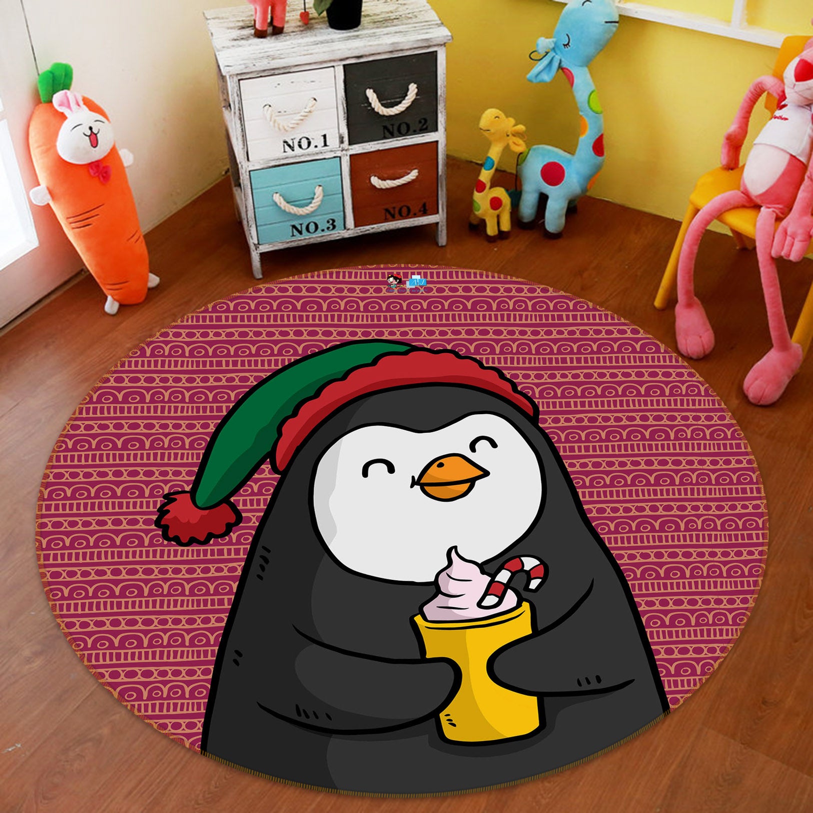 3D Cartoon Penguin 75122 Round Non Slip Rug Mat