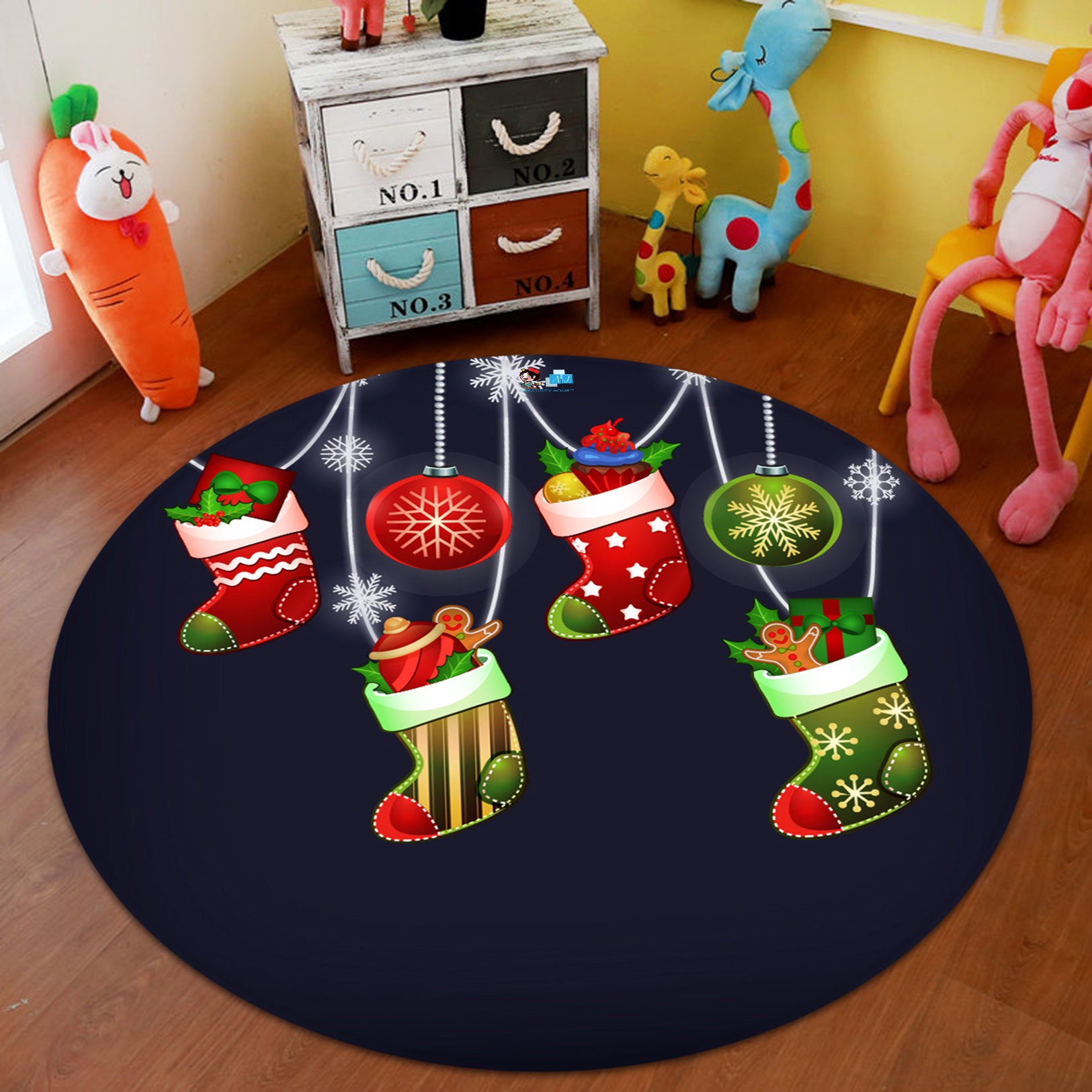 3D Socks Pendant 65236 Christmas Round Non Slip Rug Mat Xmas