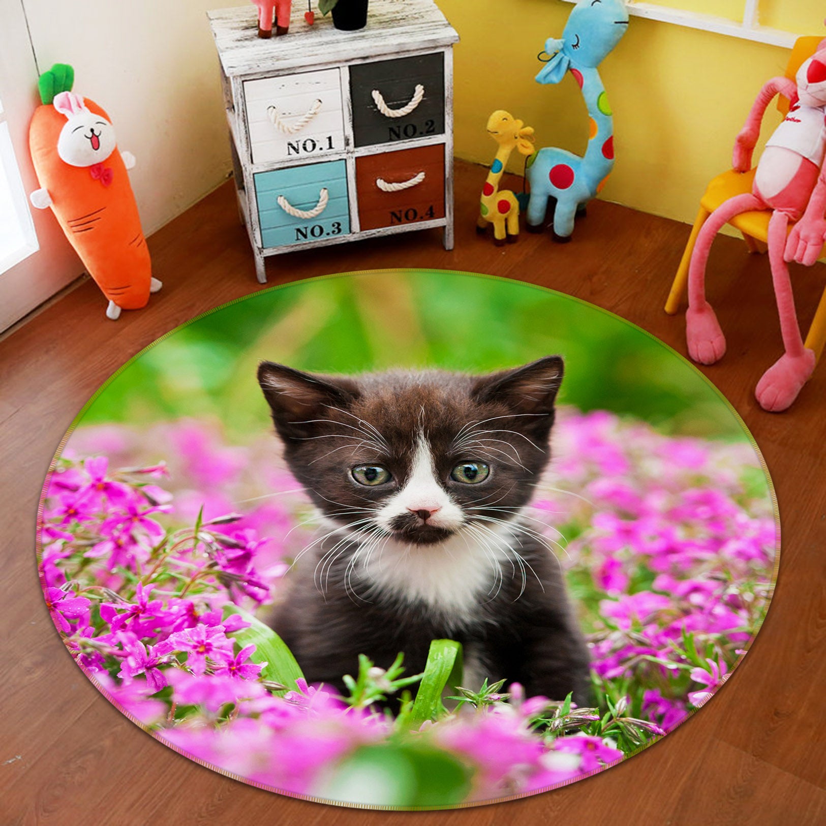 3D Flower Kitten 29040 Round Non Slip Rug Mat
