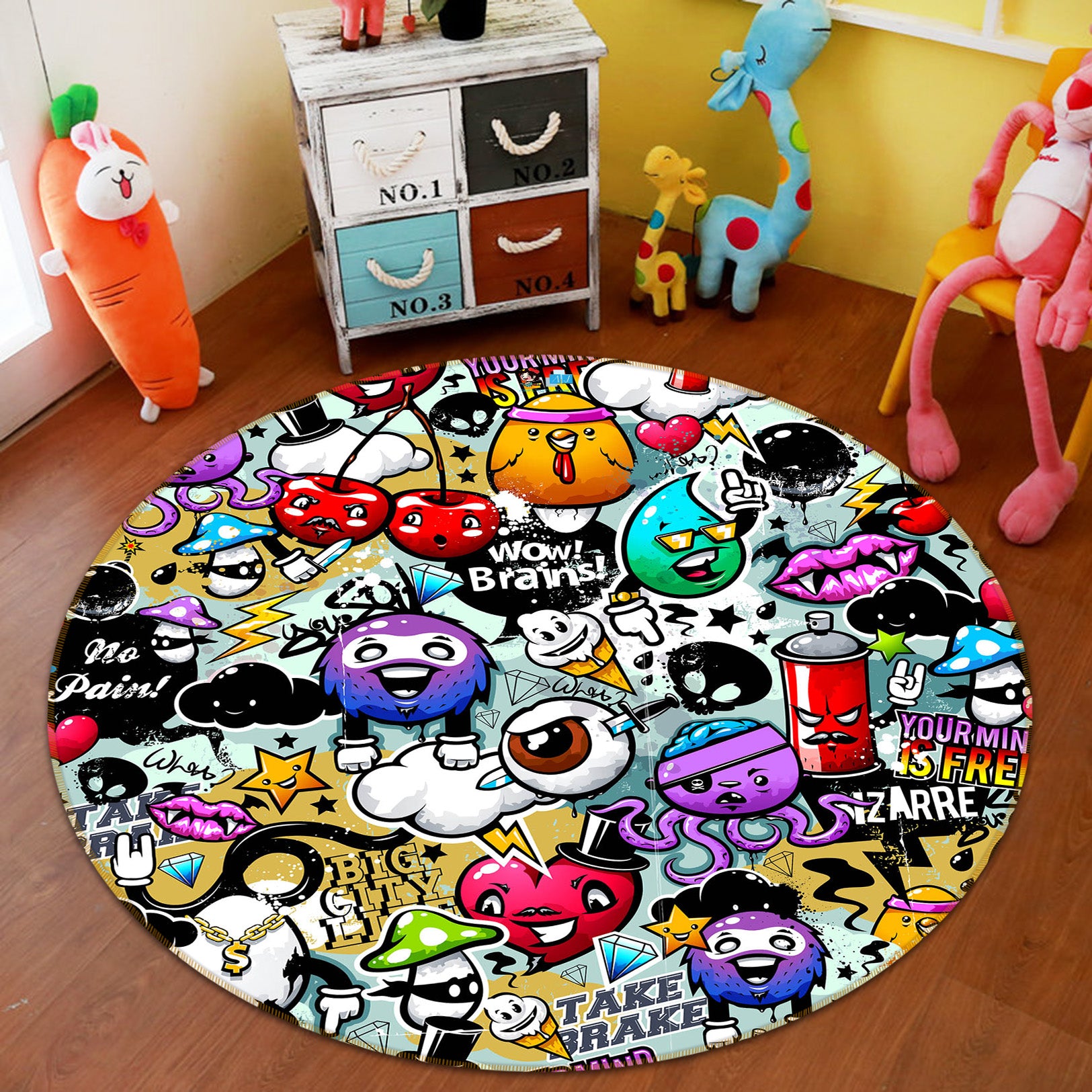 3D Cartoon Doodle 74122 Round Non Slip Rug Mat