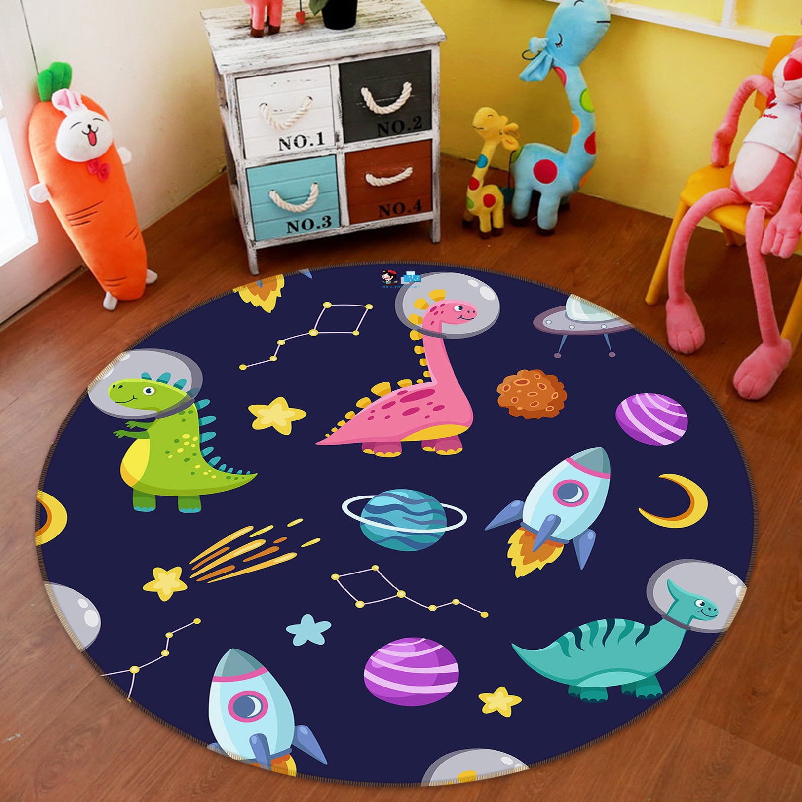 3D Planet Dinosaur Rocket 75036 Round Non Slip Rug Mat