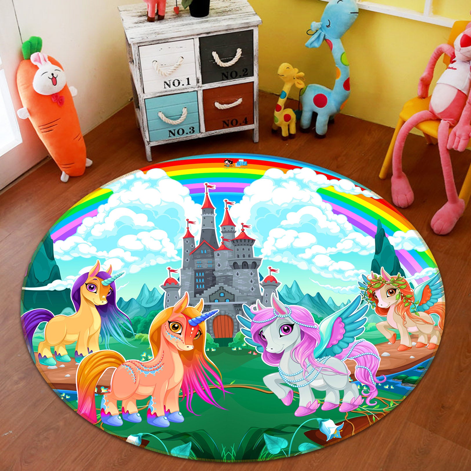 3D Cartoon Colorful Unicorn Castle 81047 Round Non Slip Rug Mat