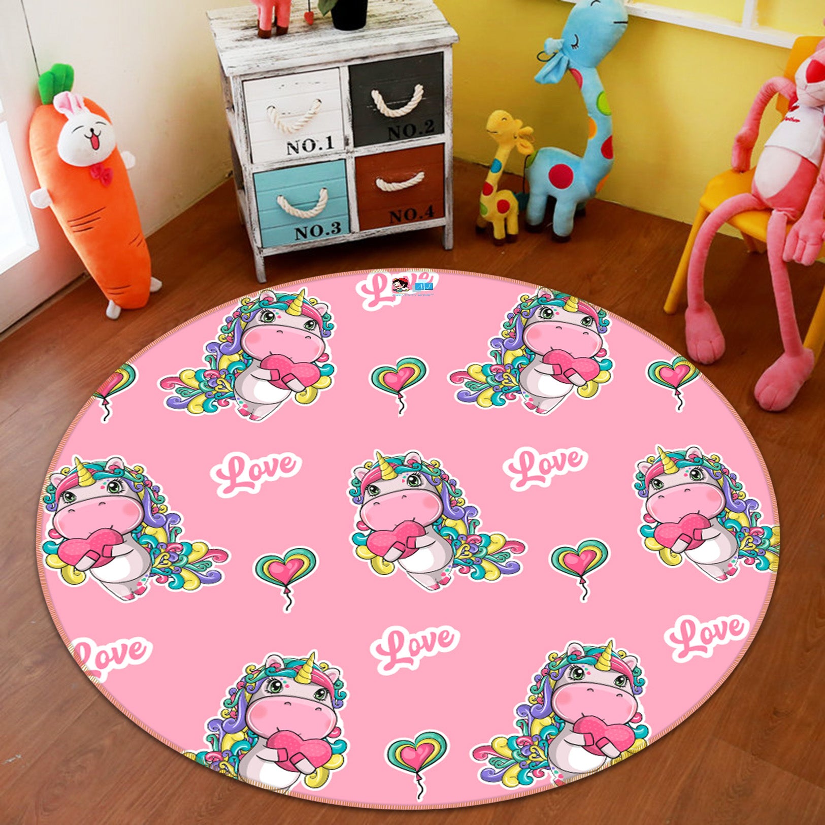 3D Pink Cartoon Unicorn 81075 Round Non Slip Rug Mat