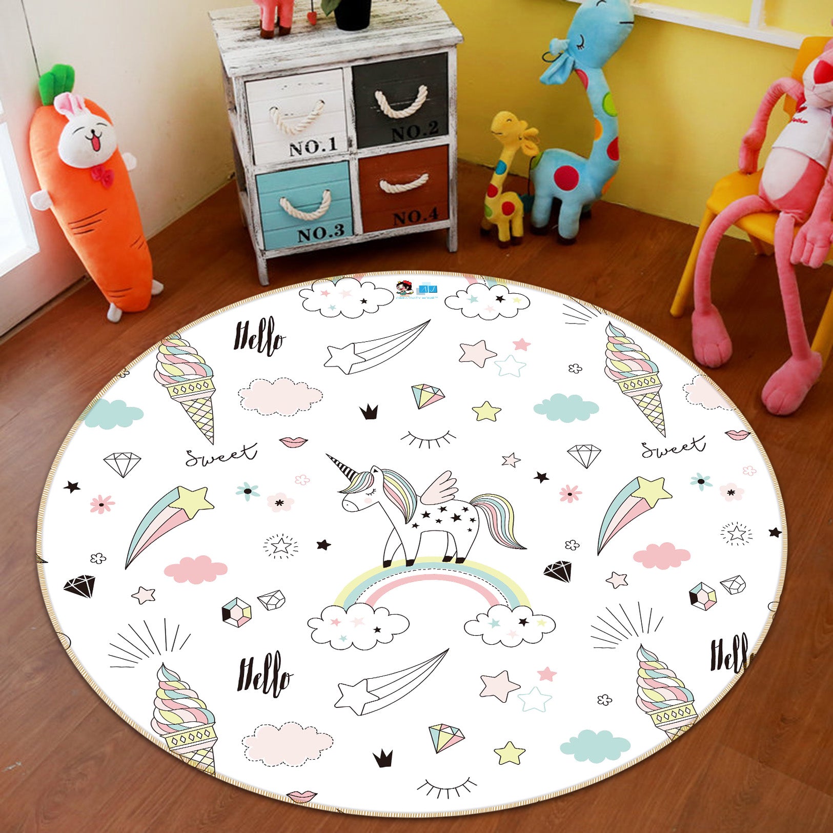 3D Rainbow Cloud Unicorn 64155 Round Non Slip Rug Mat
