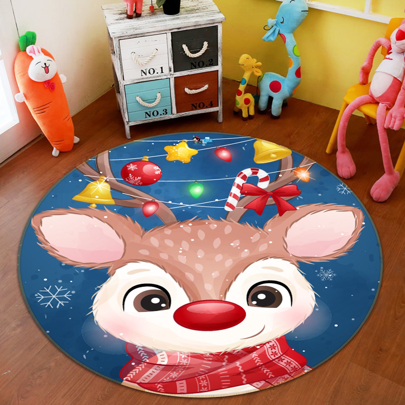3D Deer 54106 Christmas Round Non Slip Rug Mat Xmas