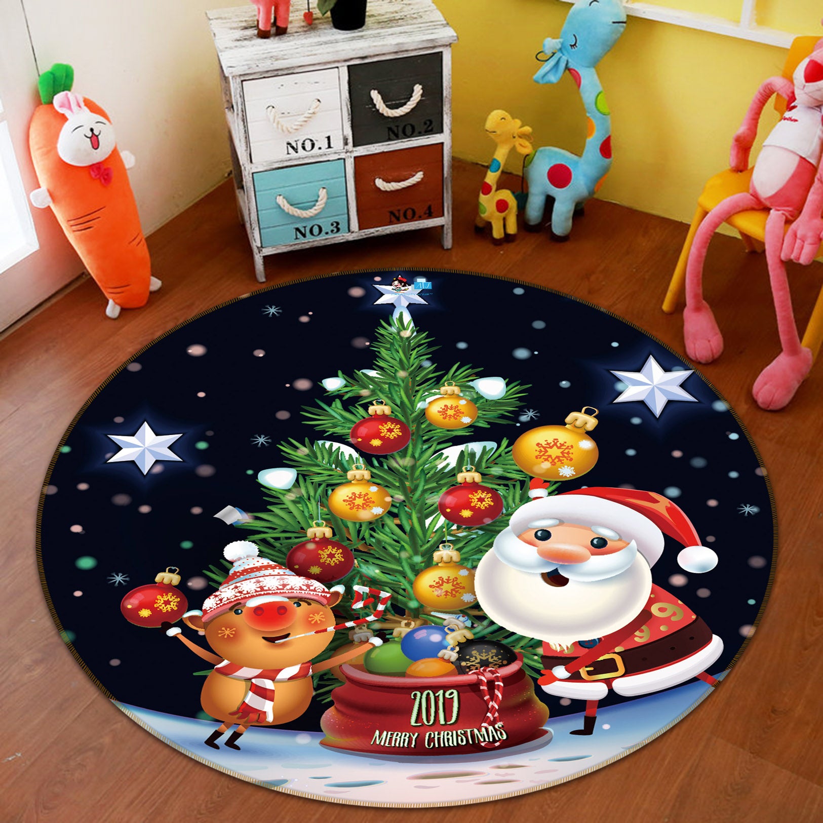 3D Tree Santa Deer 54180 Christmas Round Non Slip Rug Mat Xmas