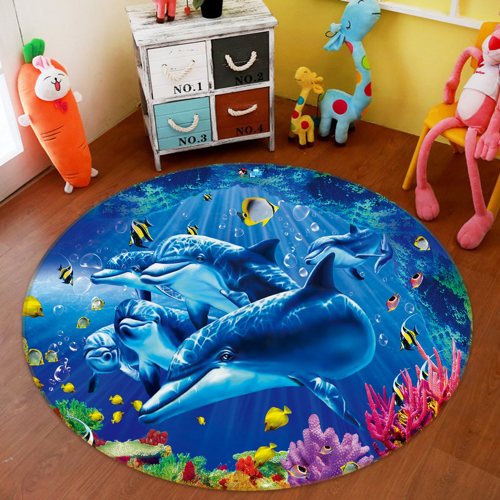 3D Underwater Dolphin 74027 Round Non Slip Rug Mat