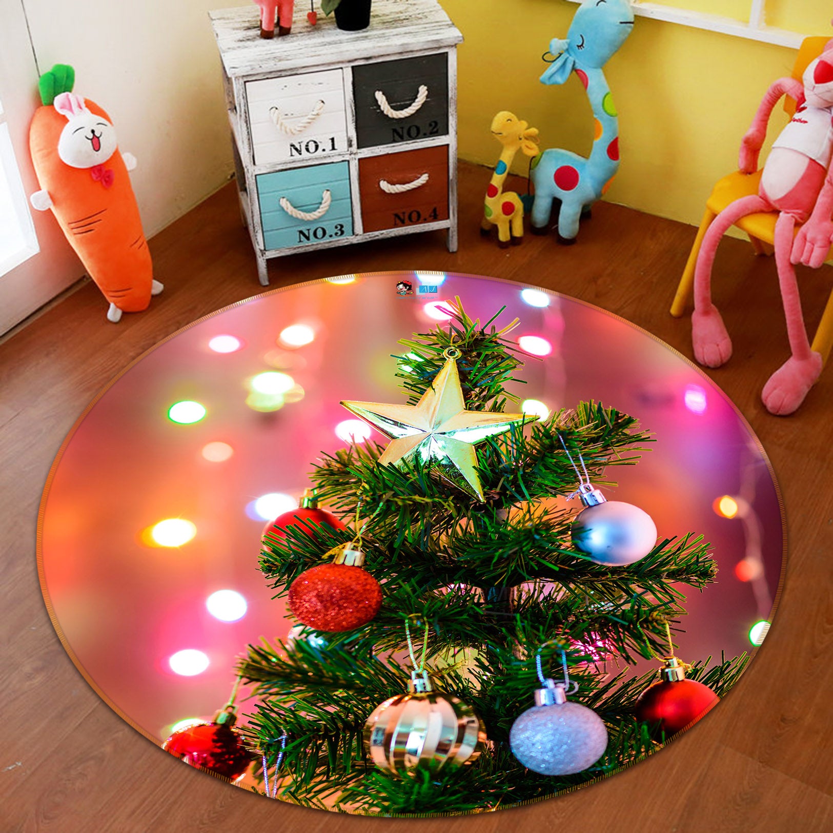 3D Tree Ball Pendant 54197 Christmas Round Non Slip Rug Mat Xmas