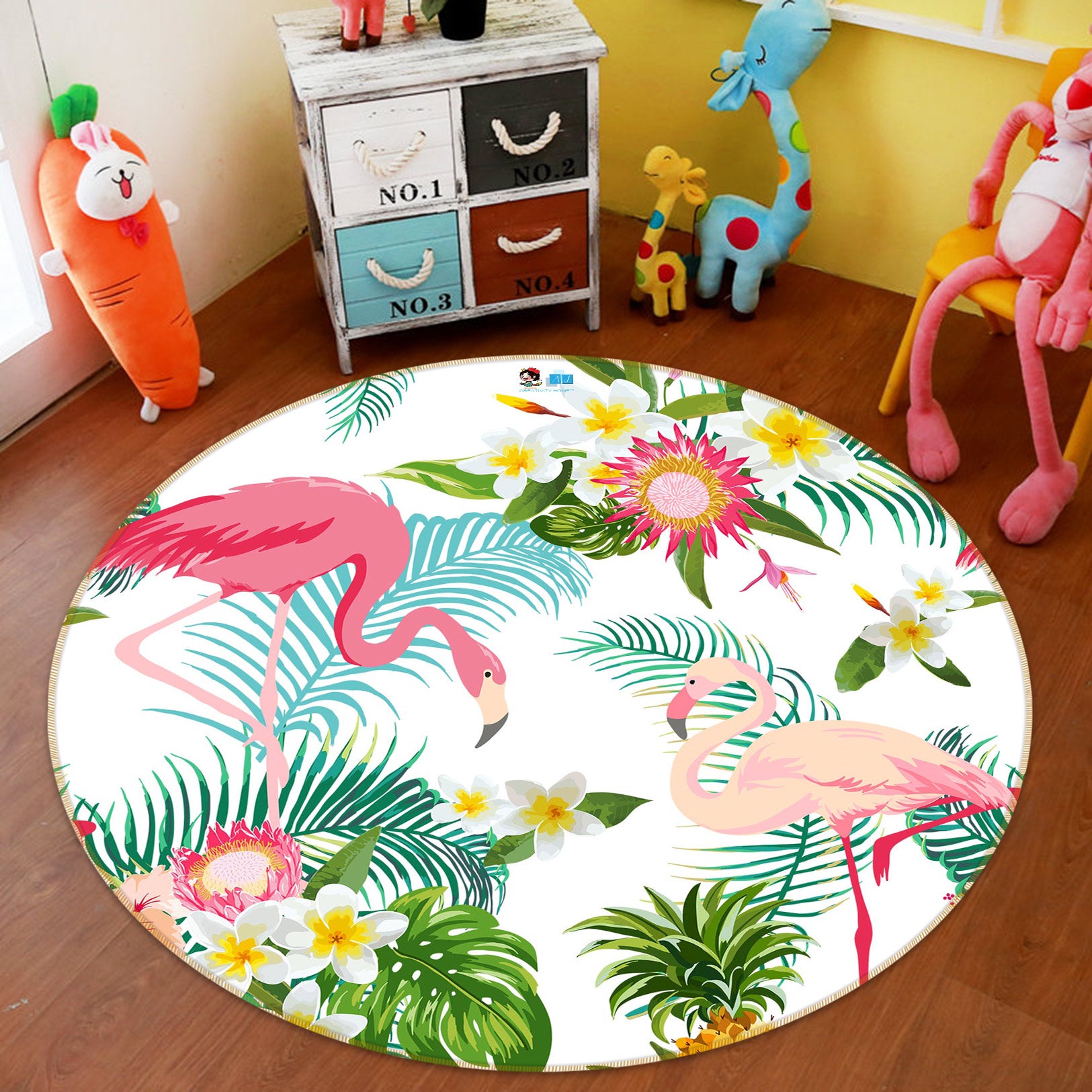 3D Flamingo Leaves 72233 Round Non Slip Rug Mat