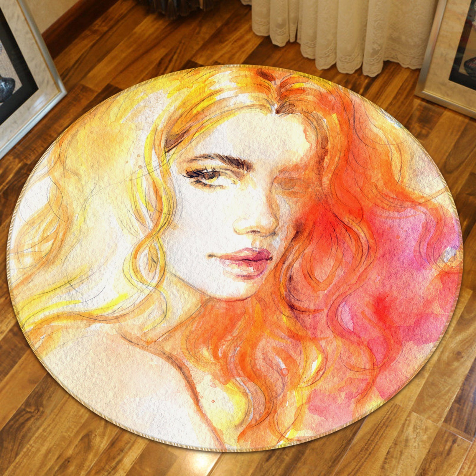 3D Girl Curly Hair 37028 Round Non Slip Rug Mat