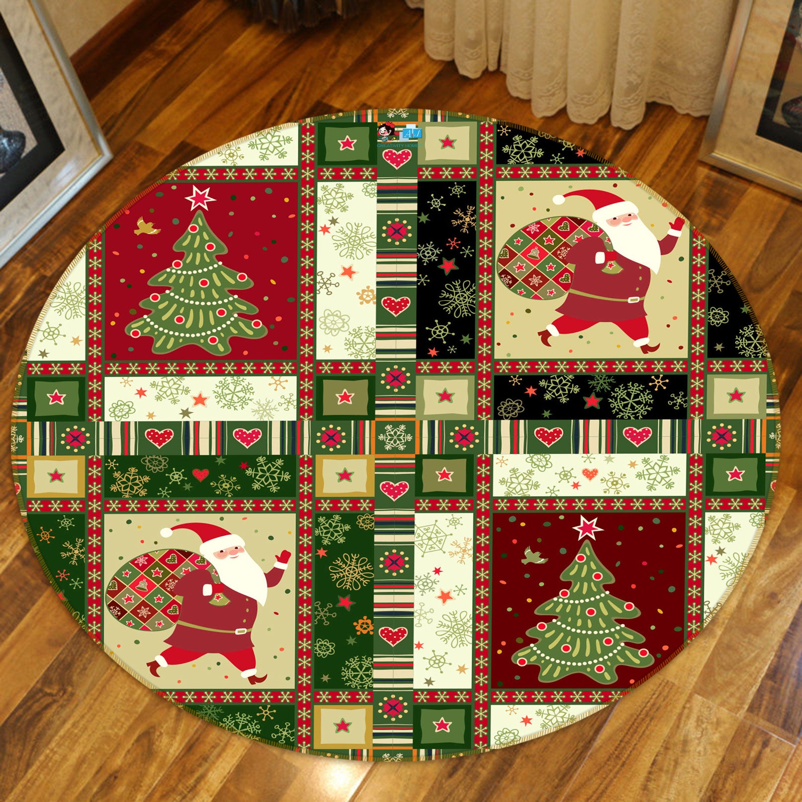 3D Tree Santa 54047 Christmas Round Non Slip Rug Mat Xmas