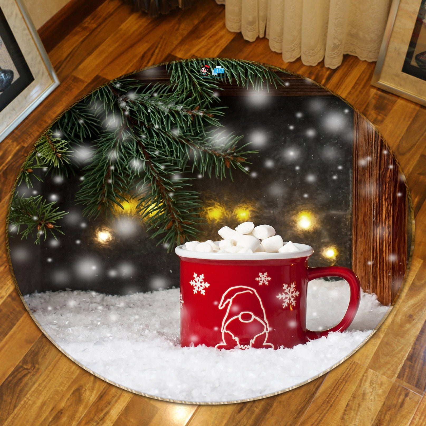 3D Snow Red Cup 54208 Christmas Round Non Slip Rug Mat Xmas