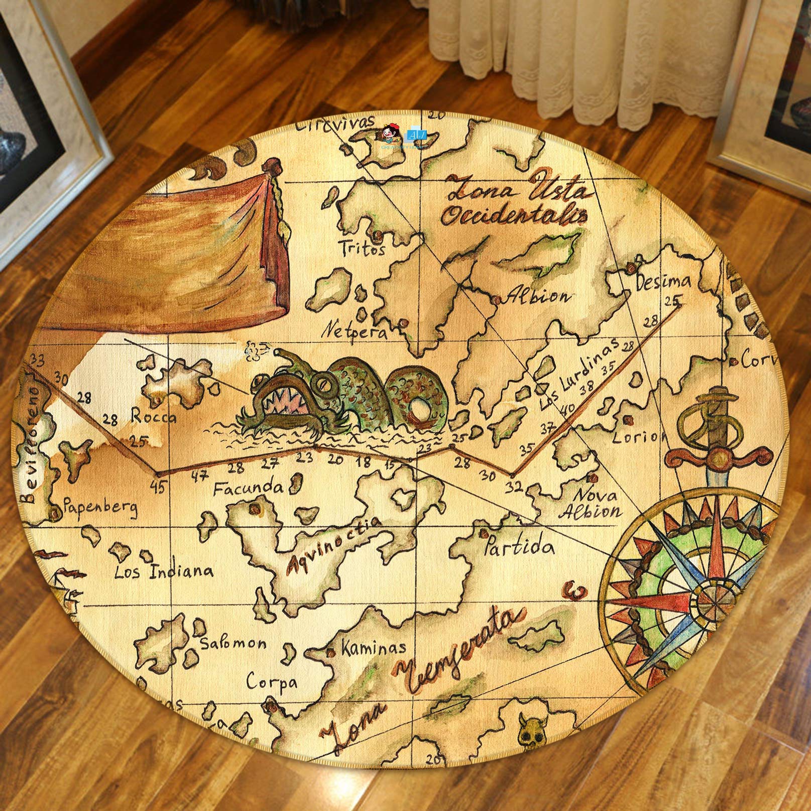 3D Yellow Retro Map 72171 Round Non Slip Rug Mat