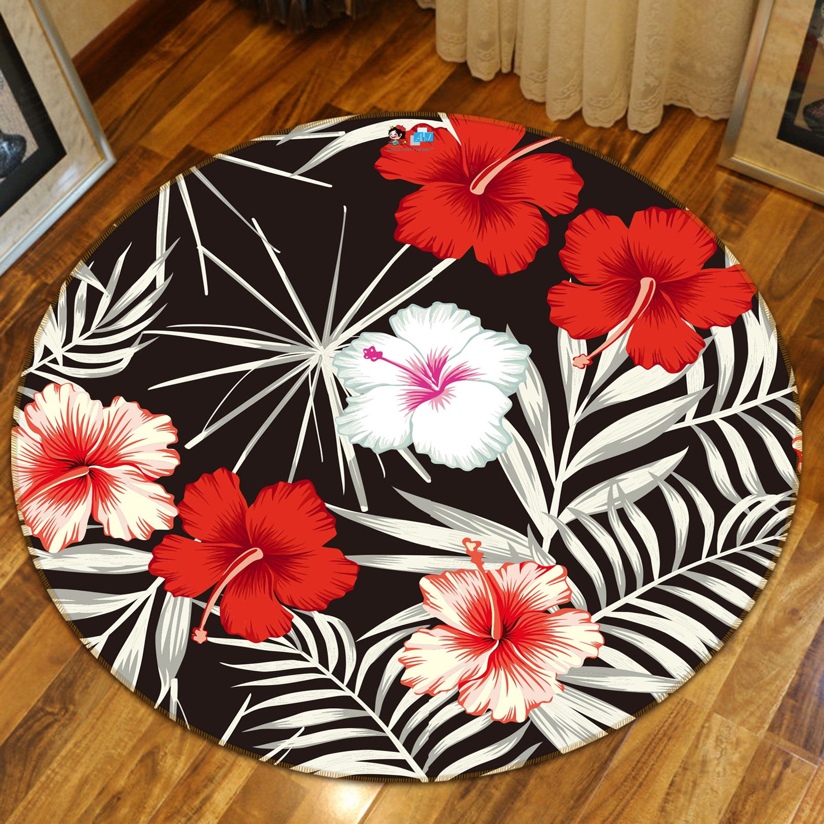3D Black Red Flowers 81061 Round Non Slip Rug Mat