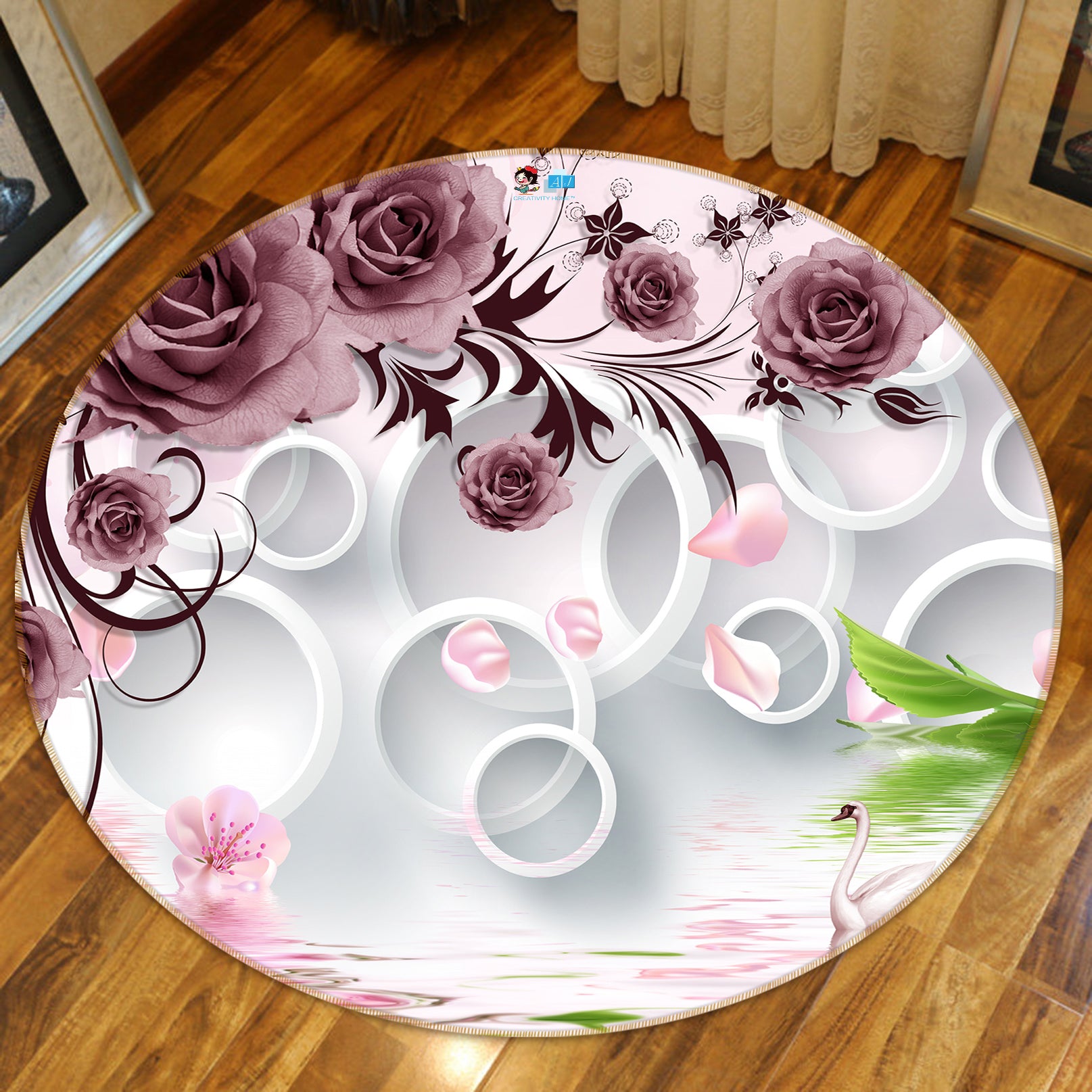 3D Circle Flowers 80243 Round Non Slip Rug Mat