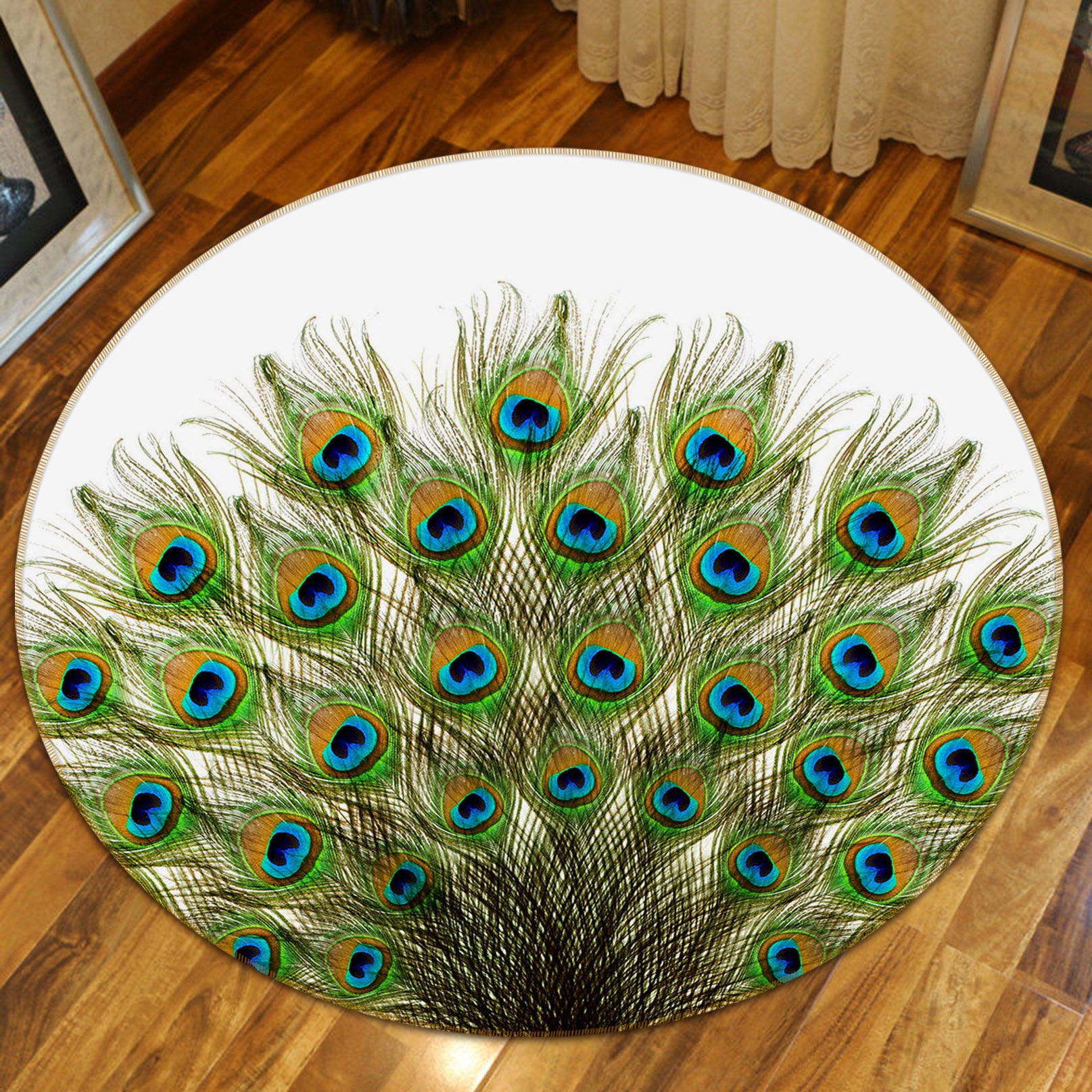 3D Peacock Feather 29024 Round Non Slip Rug Mat
