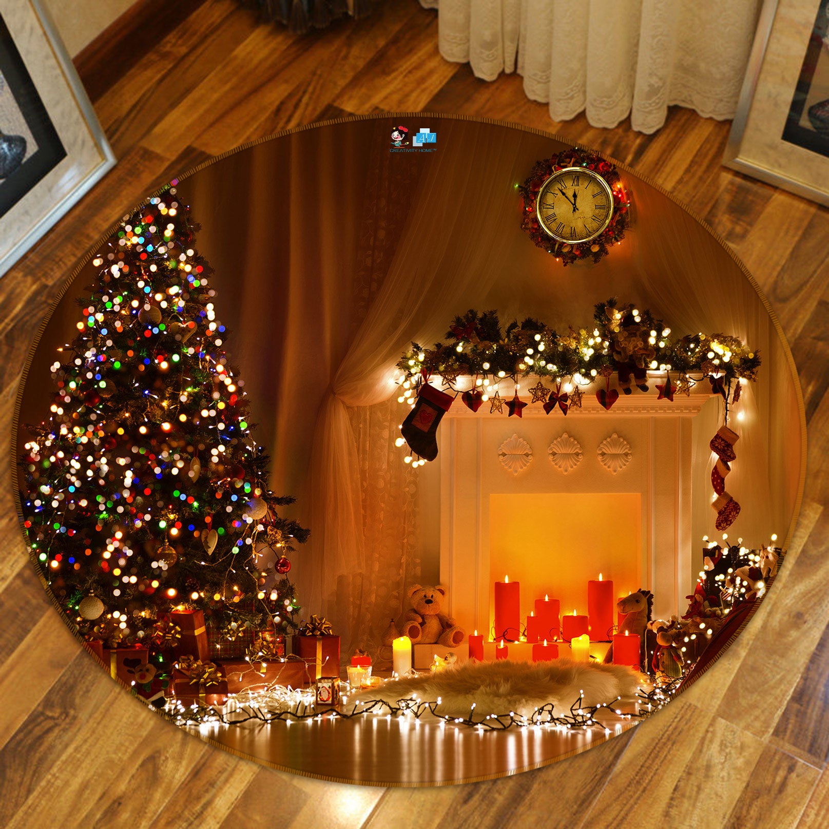 3D Tree String Lights 54017 Christmas Round Non Slip Rug Mat Xmas