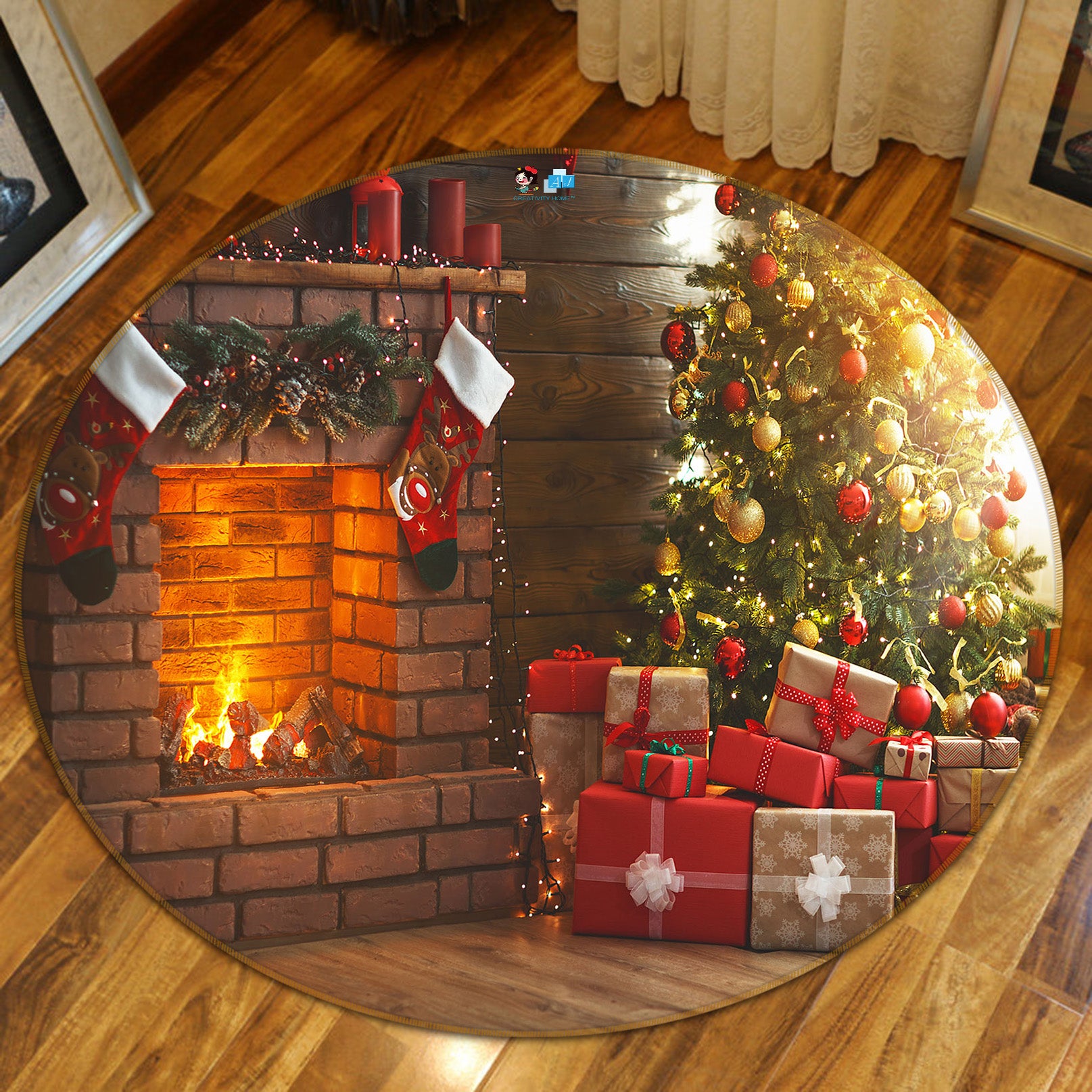 3D Fireplace Gift 54170 Christmas Round Non Slip Rug Mat Xmas