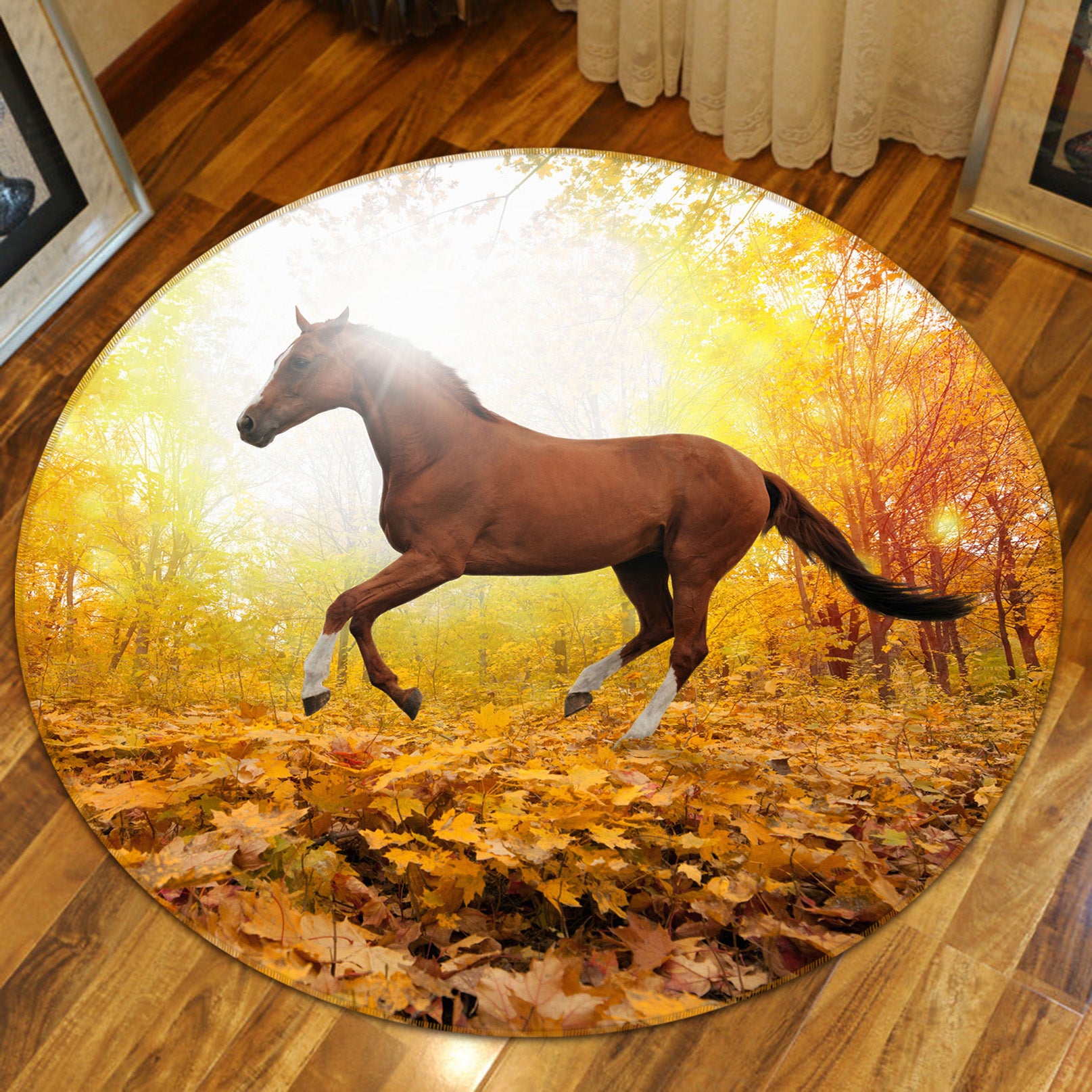 3D Horse Fallen Leaves 38048 Animal Round Non Slip Rug Mat