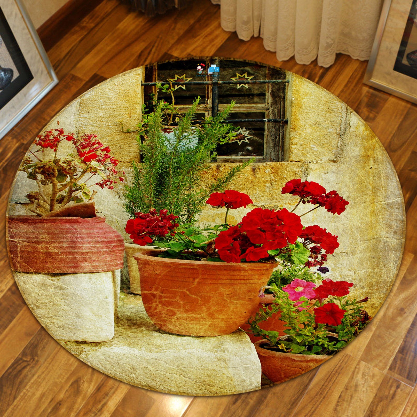 3D Flower Pot 74021 Round Non Slip Rug Mat
