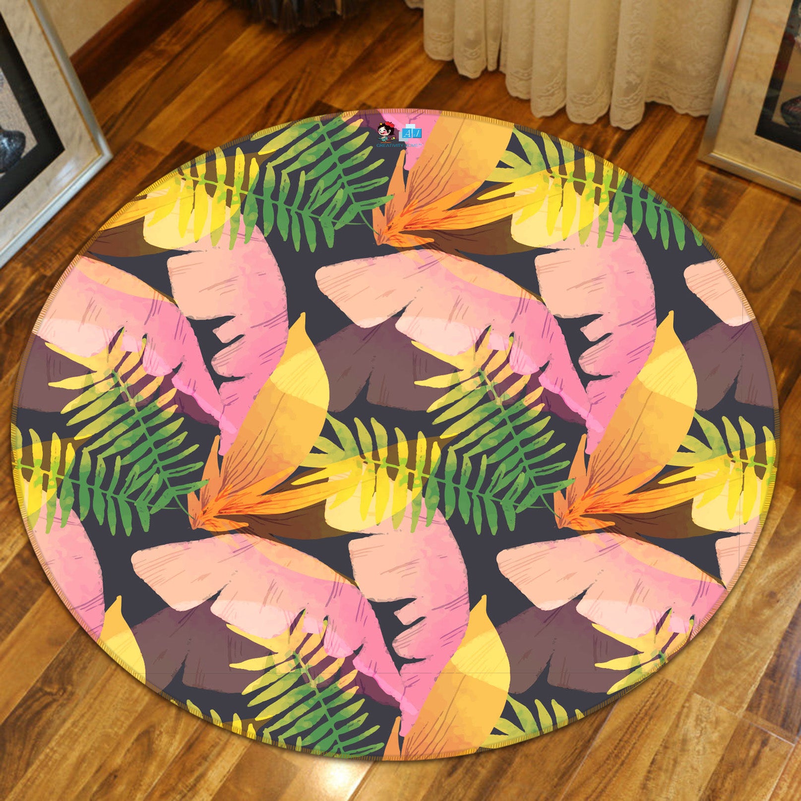 3D Pink Green Leaves 64084 Round Non Slip Rug Mat