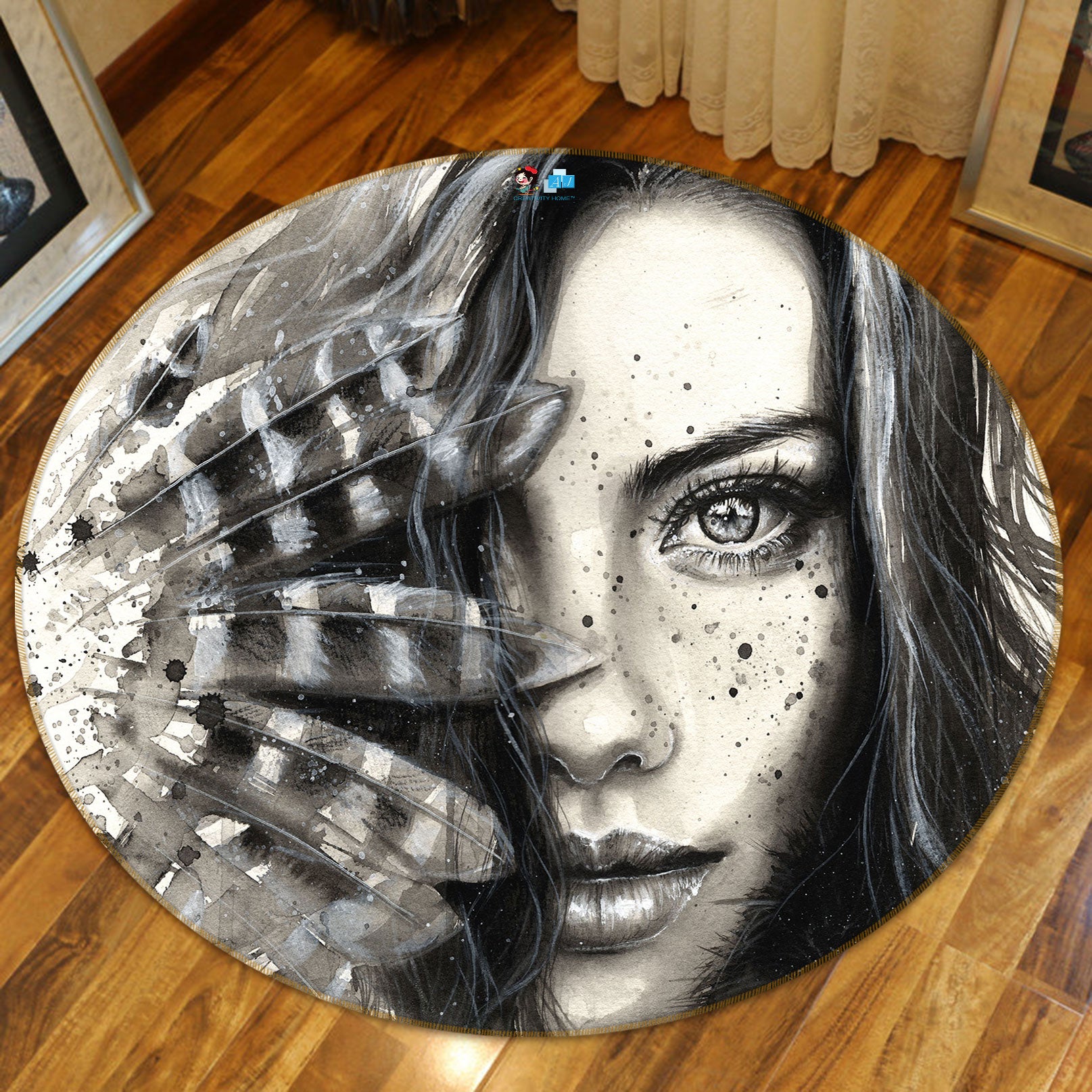 3D Black White Girl 72180 Round Non Slip Rug Mat