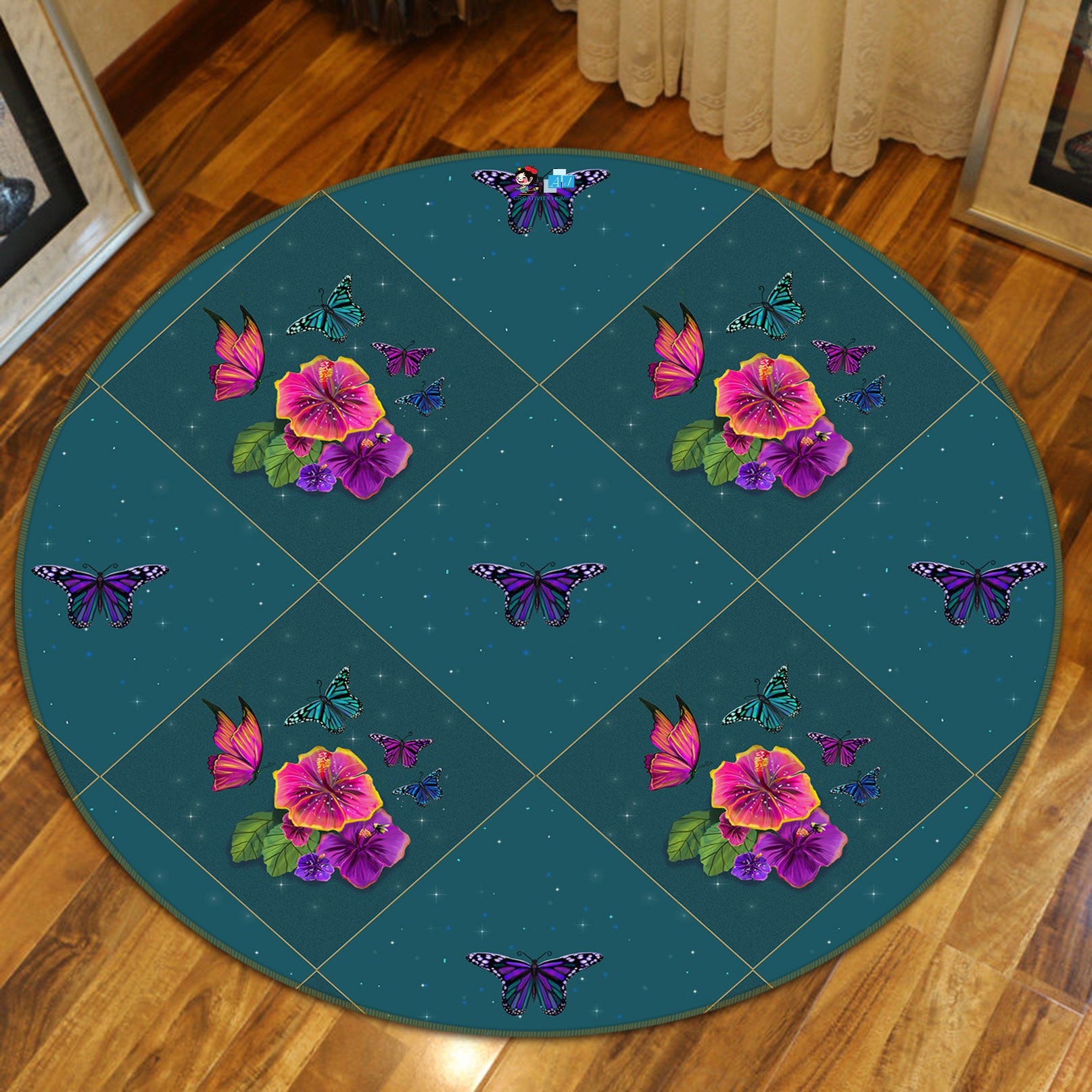 3D Flowers Purple Butterfly 83178 Rose Catherine Khan Rug Round Non Slip Rug Mat