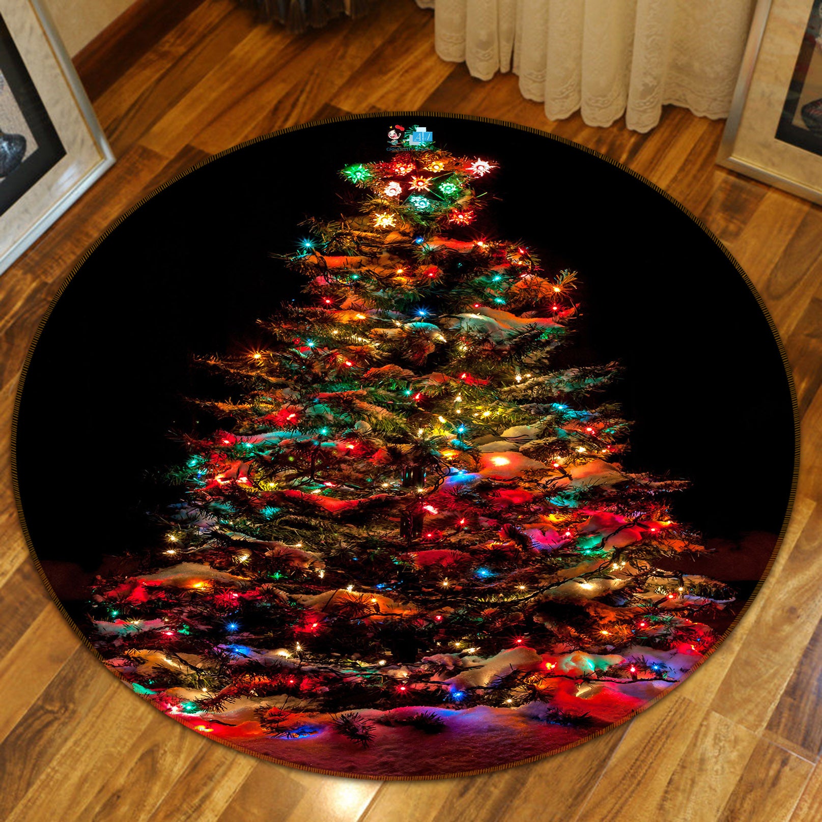 3D Colored Lights Tree 54132 Christmas Round Non Slip Rug Mat Xmas