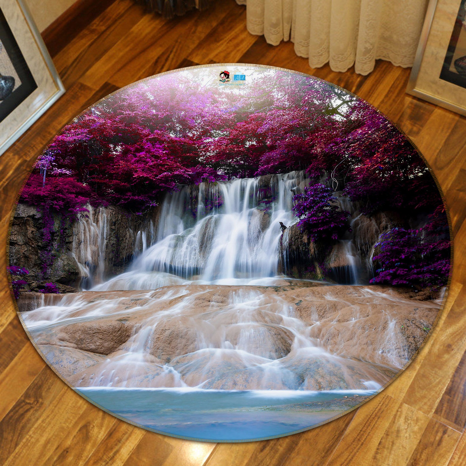 3D Flower Waterfall 69187 Round Non Slip Rug Mat