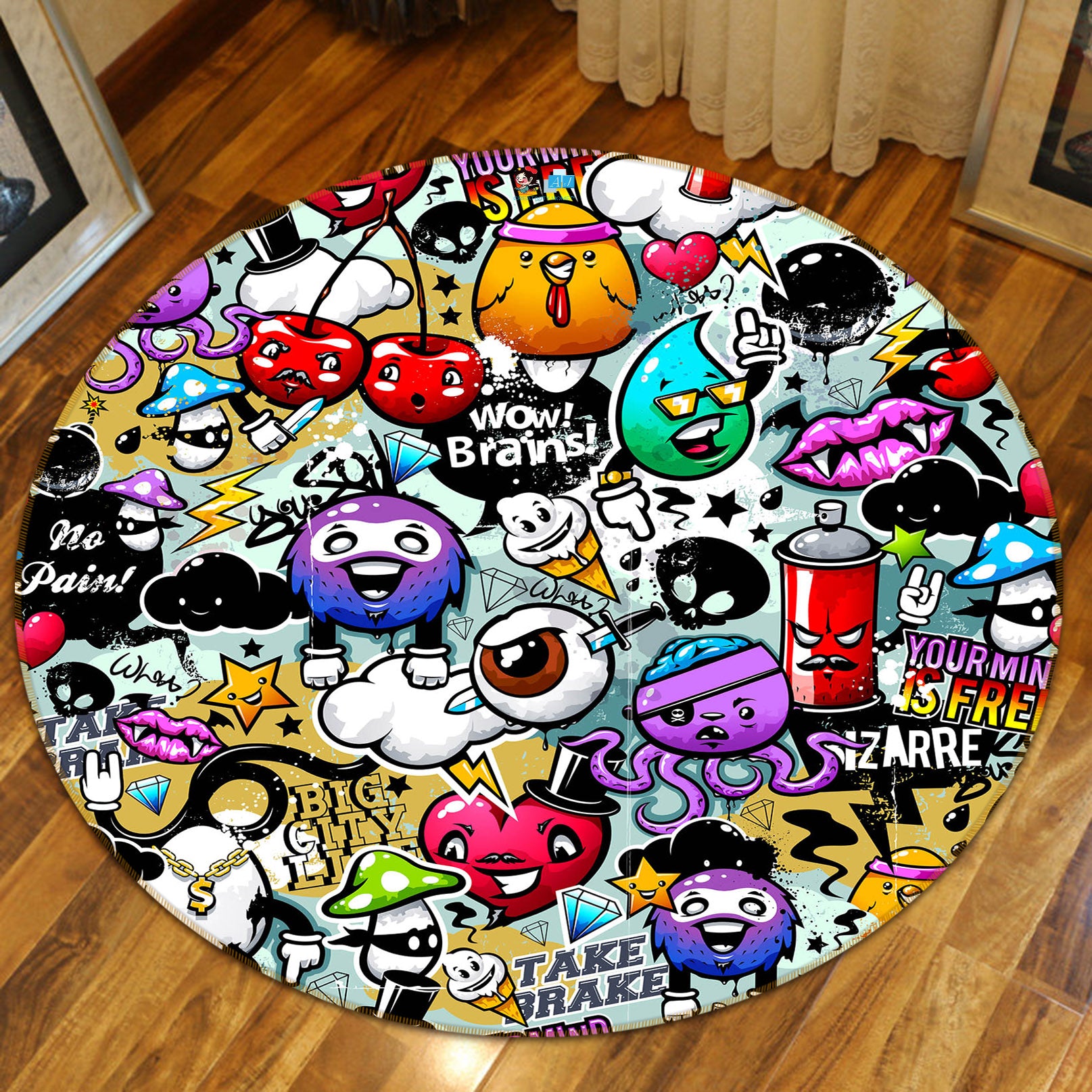 3D Cartoon Doodle 74122 Round Non Slip Rug Mat