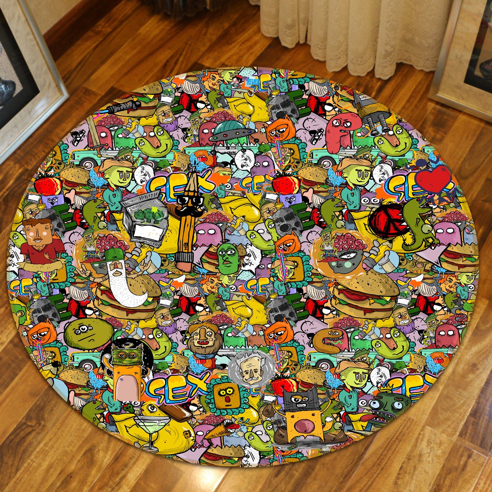 3D Cartoon Doodle 72123 Round Non Slip Rug Mat