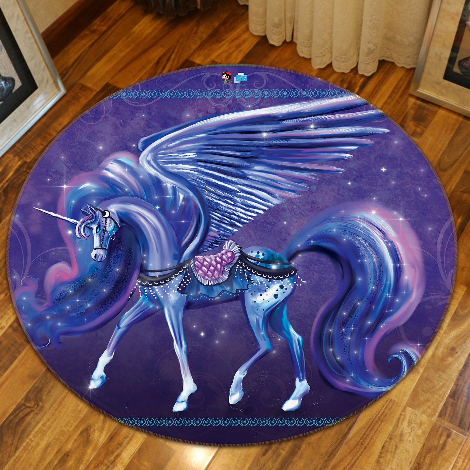 3D Purple Blue Unicorn 83169 Rose Catherine Khan Rug Round Non Slip Rug Mat