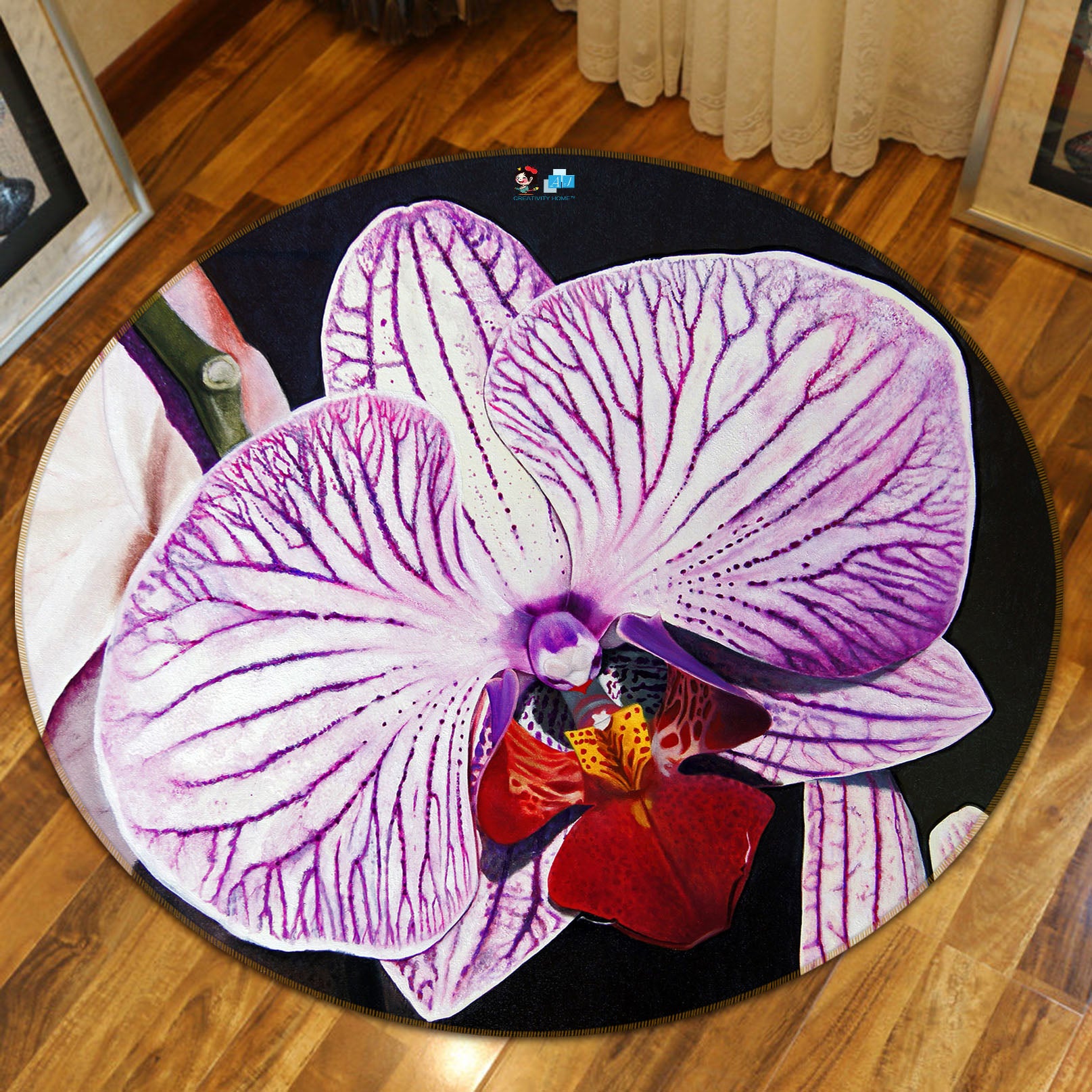 3D Purple Flowers 11094 Matthew Holden Bates Rug Round Non Slip Rug Mat