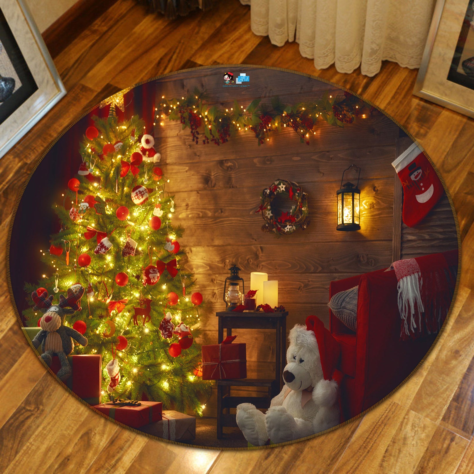 3D Tree Bear Doll 54153 Christmas Round Non Slip Rug Mat Xmas