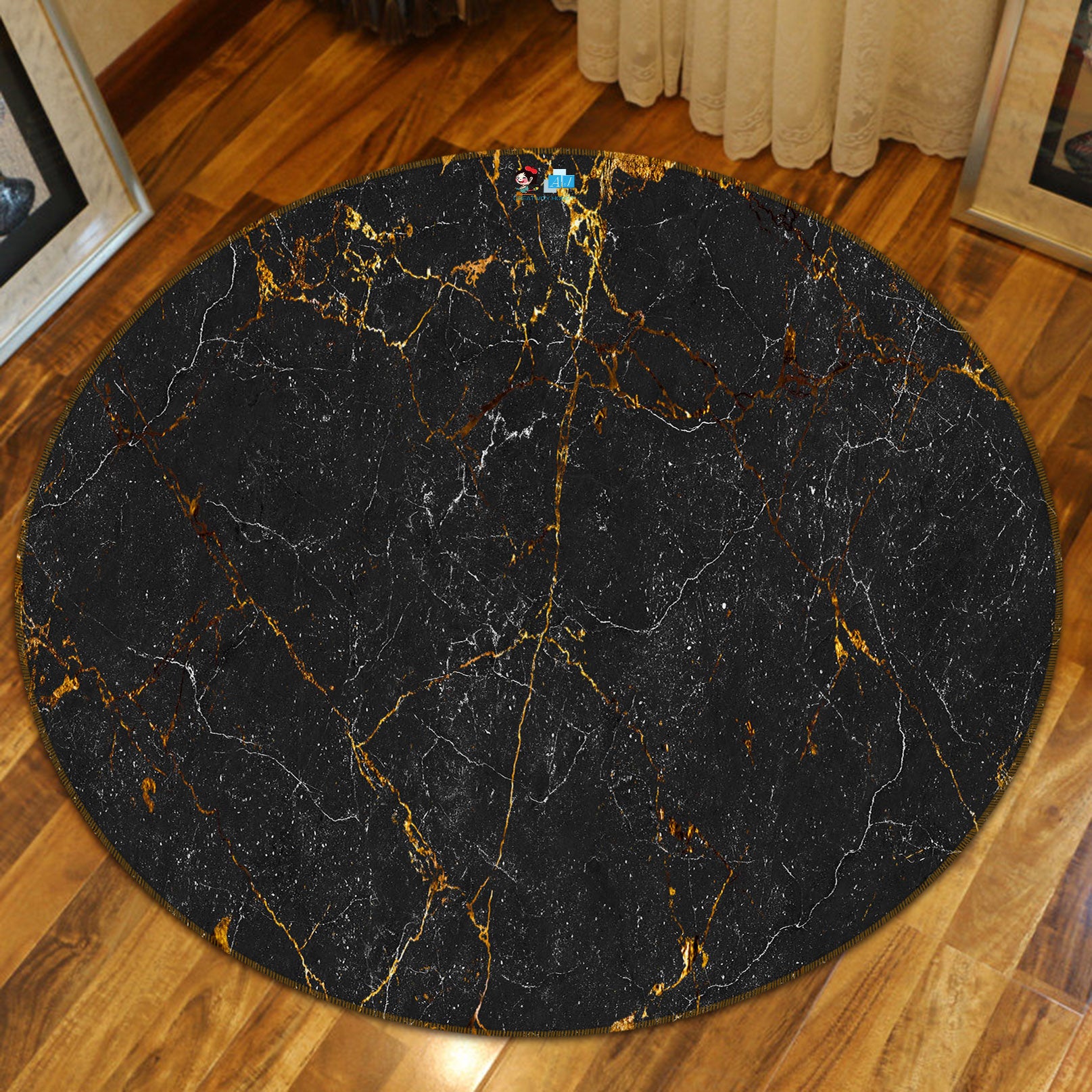 3D Black Marble 71155 Round Non Slip Rug Mat